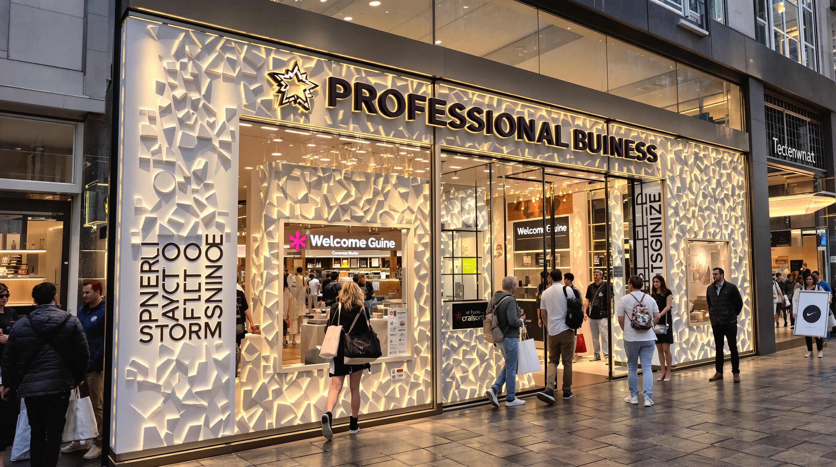Professional yet creative business signage displayed prominently in an urban setting, featuring tactile elements and brand identity components. The image shows community members engaging with the branded environment, with warm lighting highlighting the dim