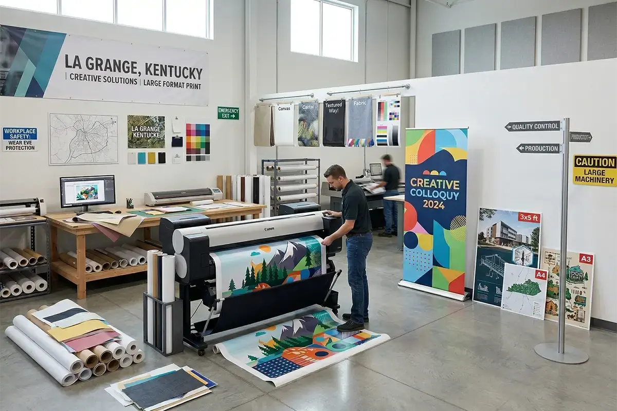 Large format posters, foam board prints, banners, and display graphics in a clean professional print production setting