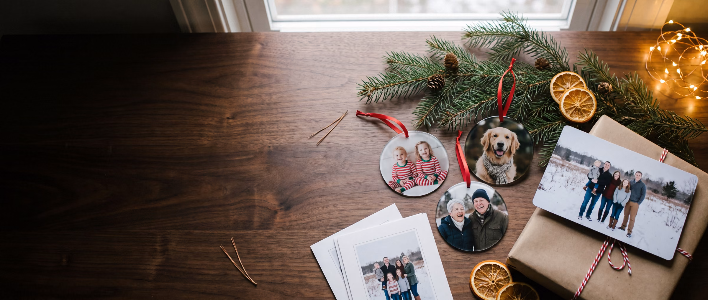 Photo ornaments, holiday photo cards and a metal print among pine branches and kraft wrapped gifts
