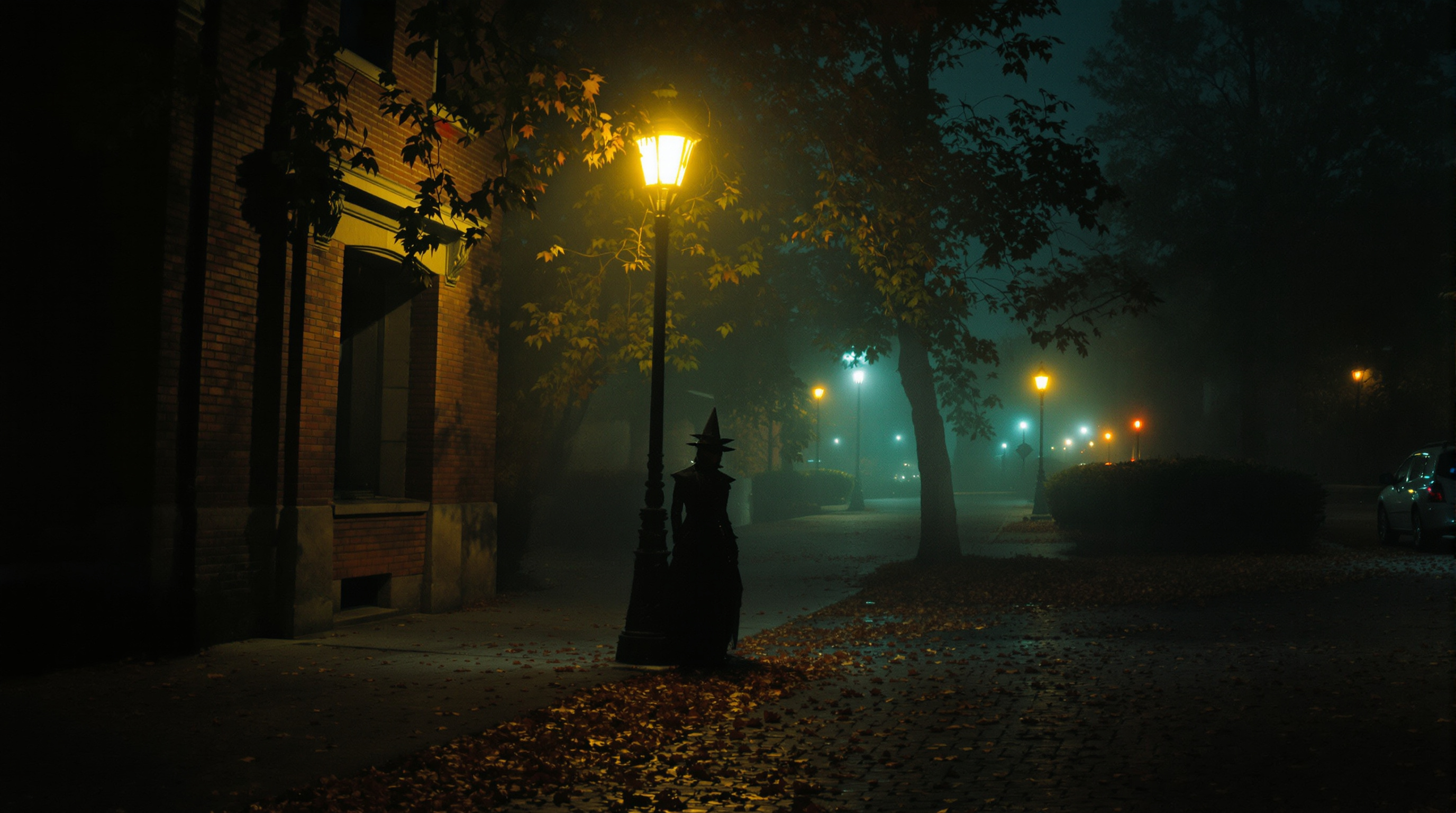 Person in Halloween costume under street lamp on cobblestone street in Louisville Kentucky surrounded by autumn leaves