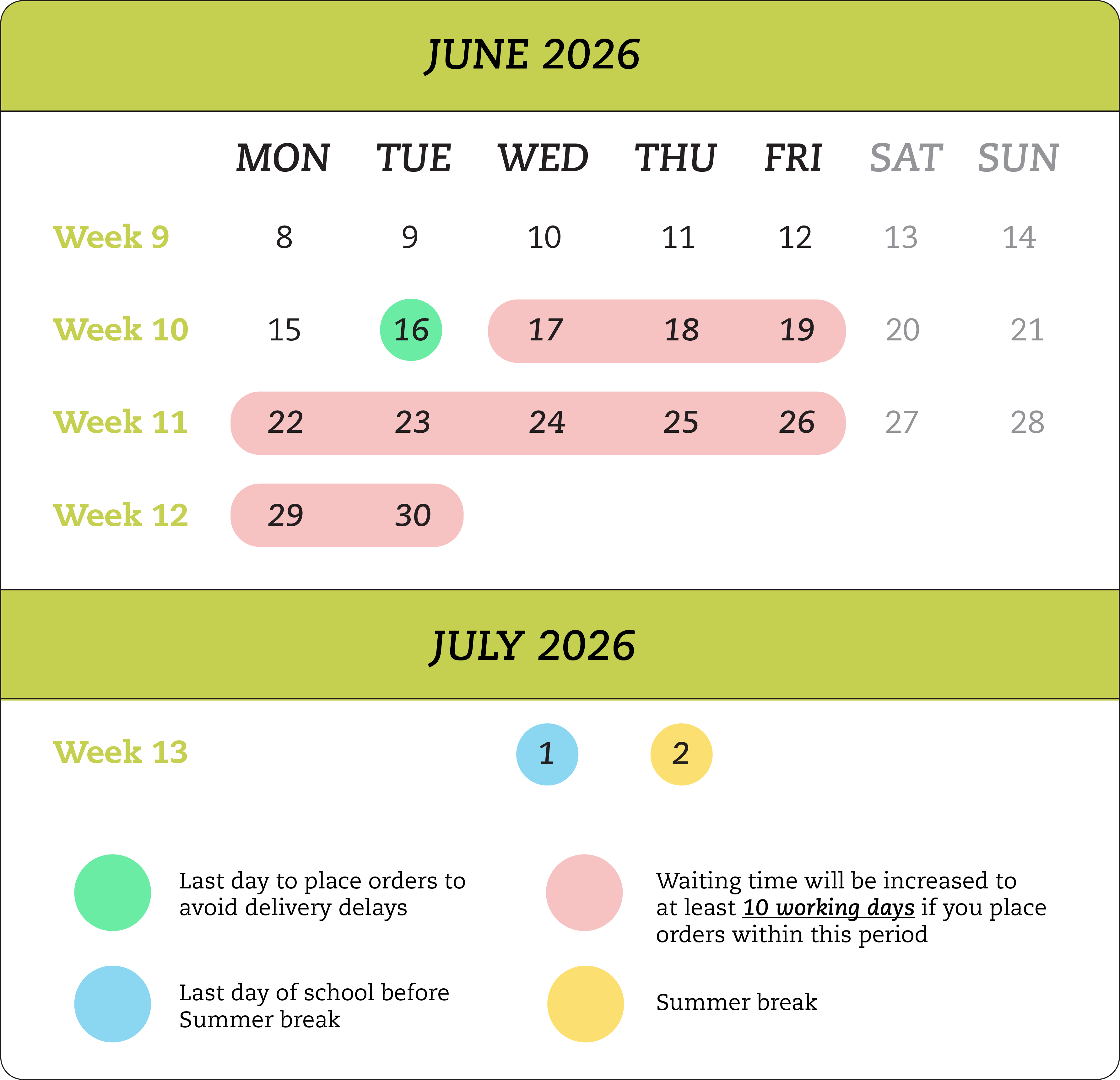 Delivery calendar