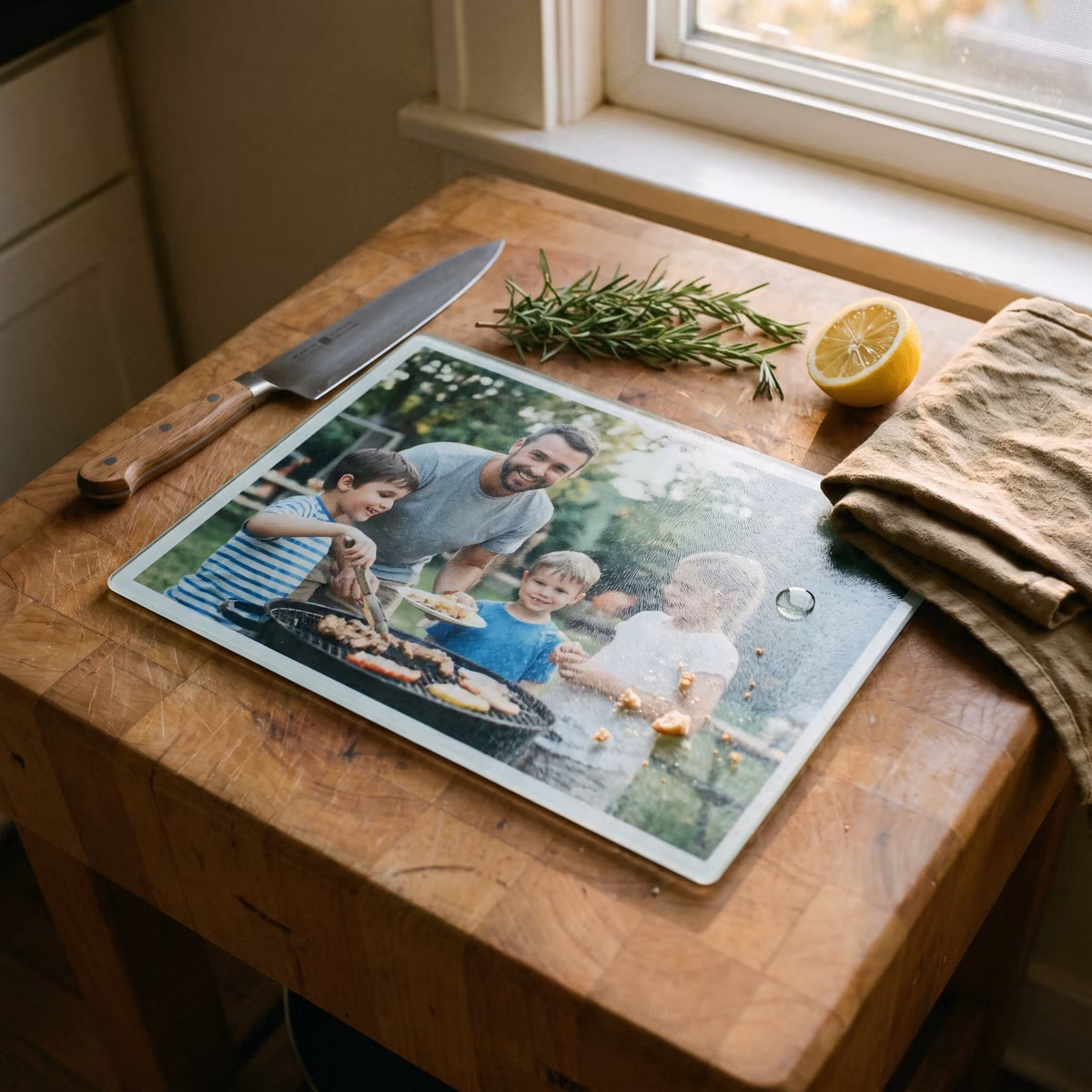 Glass cutting board printed with a dad and kids at a barbecue