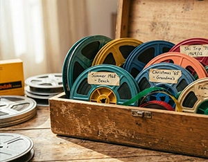 8mm movie film reels ready for transfer to digital at Fleetwood Photo Knoxville