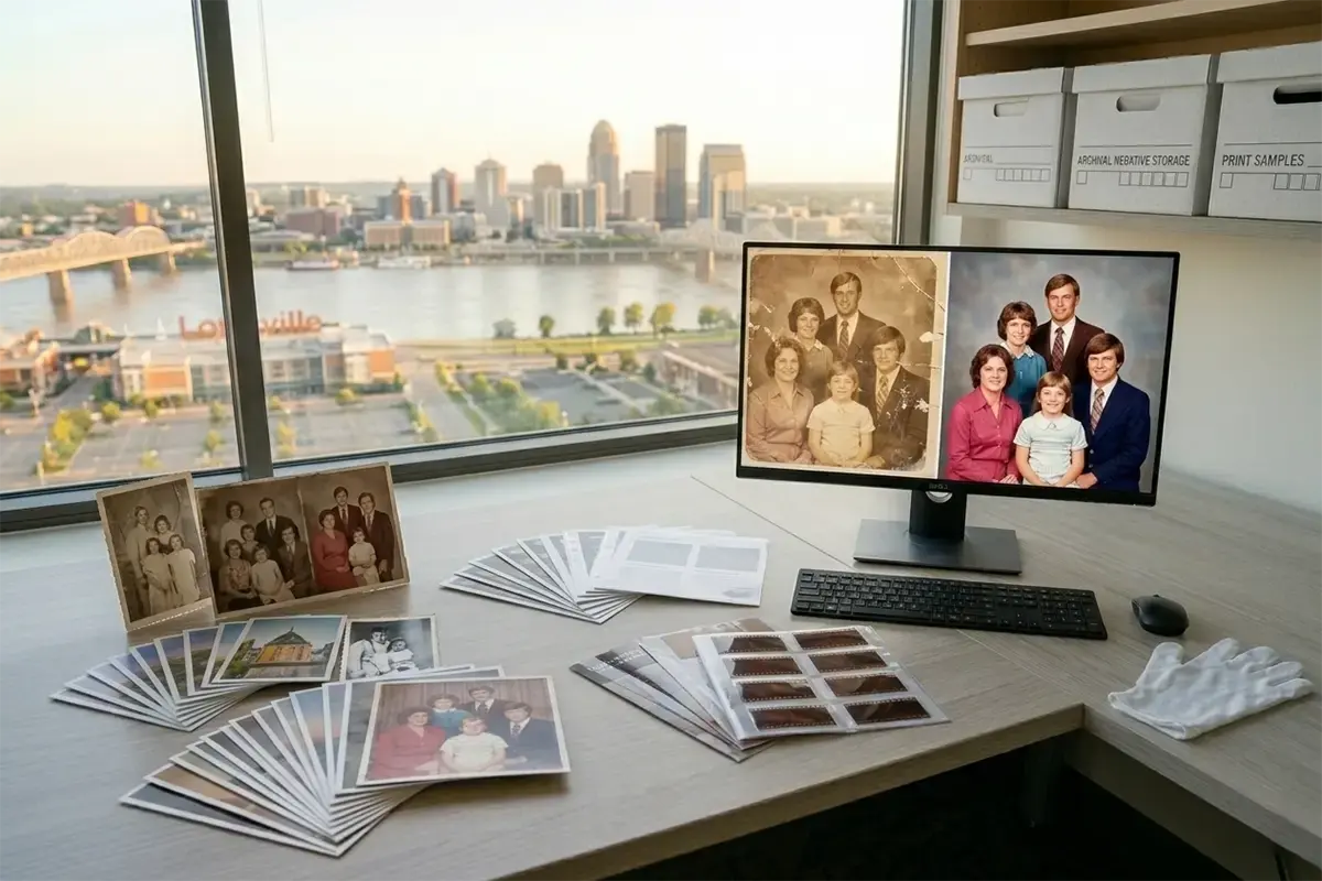 Old photographs, film strips, and a monitor displaying a restored image in a clean archival workspace