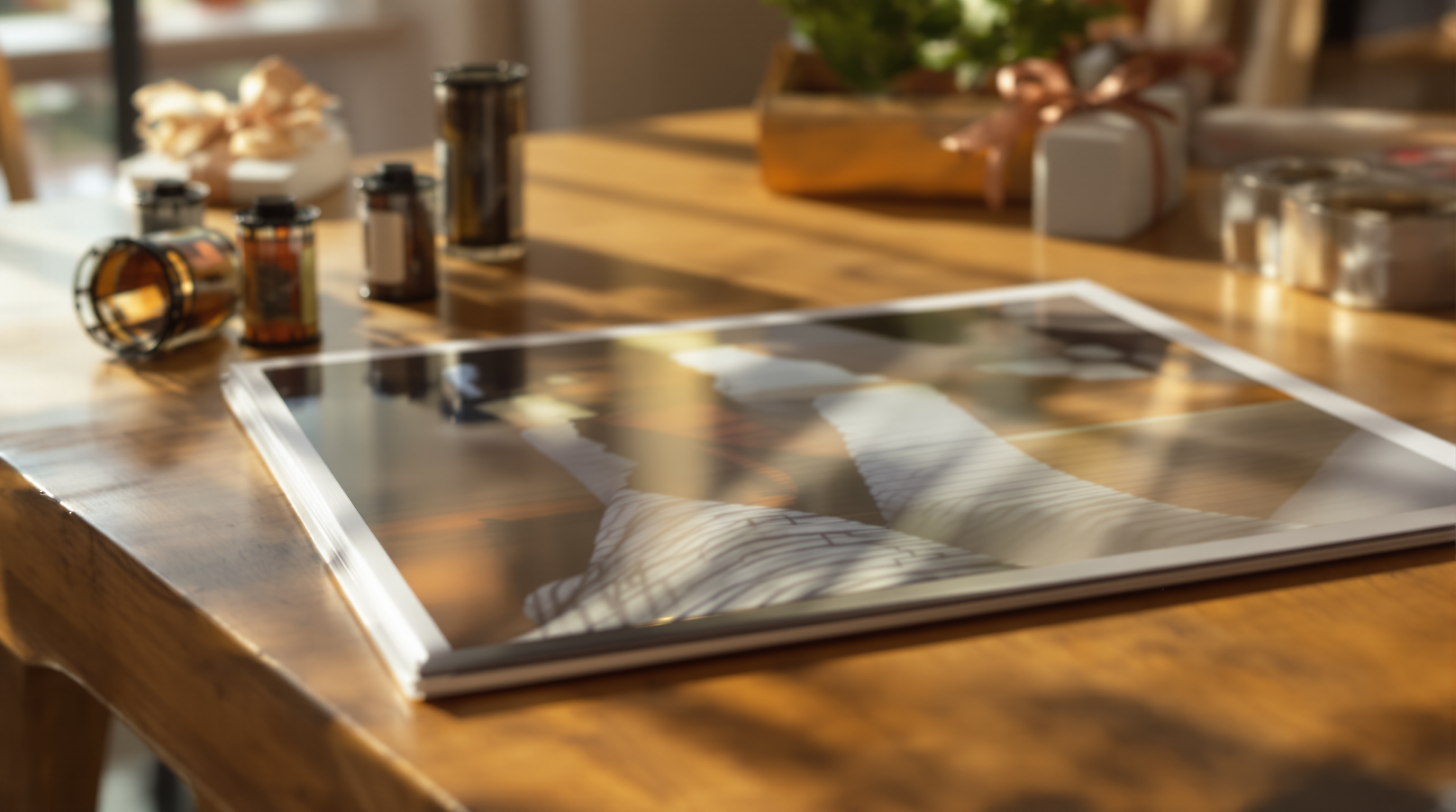 Metallic photo print of film photograph on wooden table with vintage 35mm film rolls and gift box