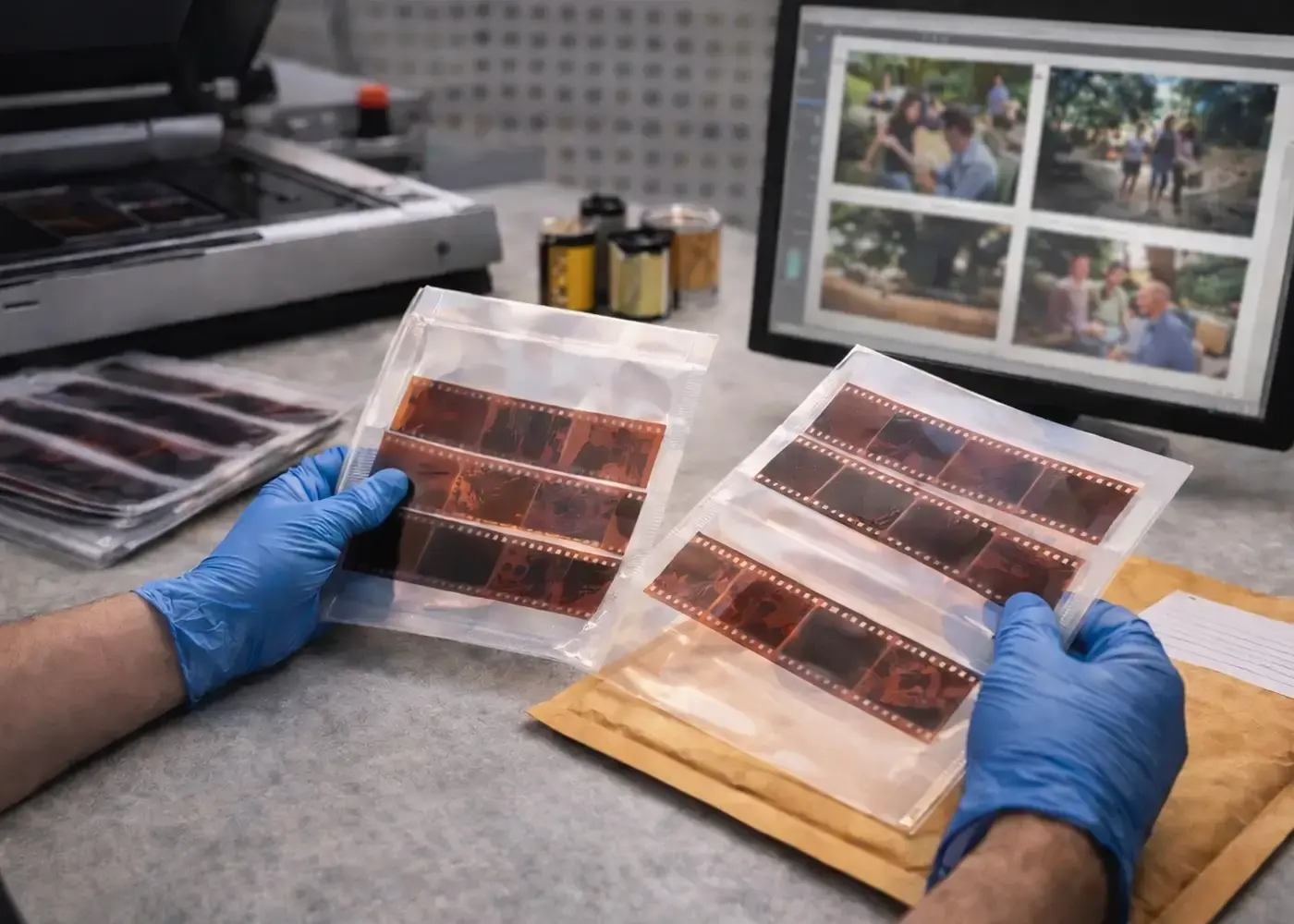 Professional film lab scene showing developed negatives being handled, sleeved, and prepared for scanning in a clean workspace.