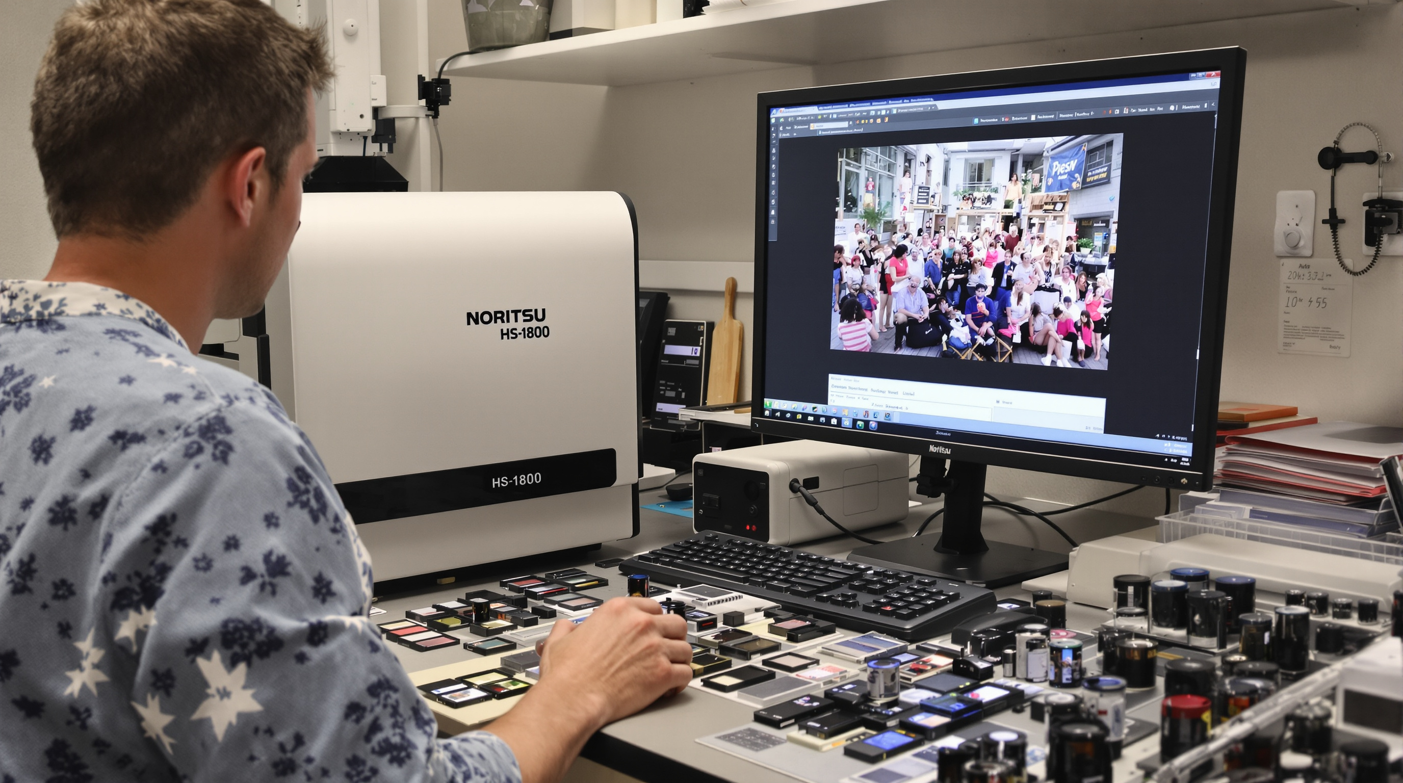 Professional film scanning workspace with Noritsu HS-1800 scanner, color-calibrated monitor displaying before/after film scans with color correction in progress, organized film negatives in archival sleeves, in a clean lab environment with controlled light