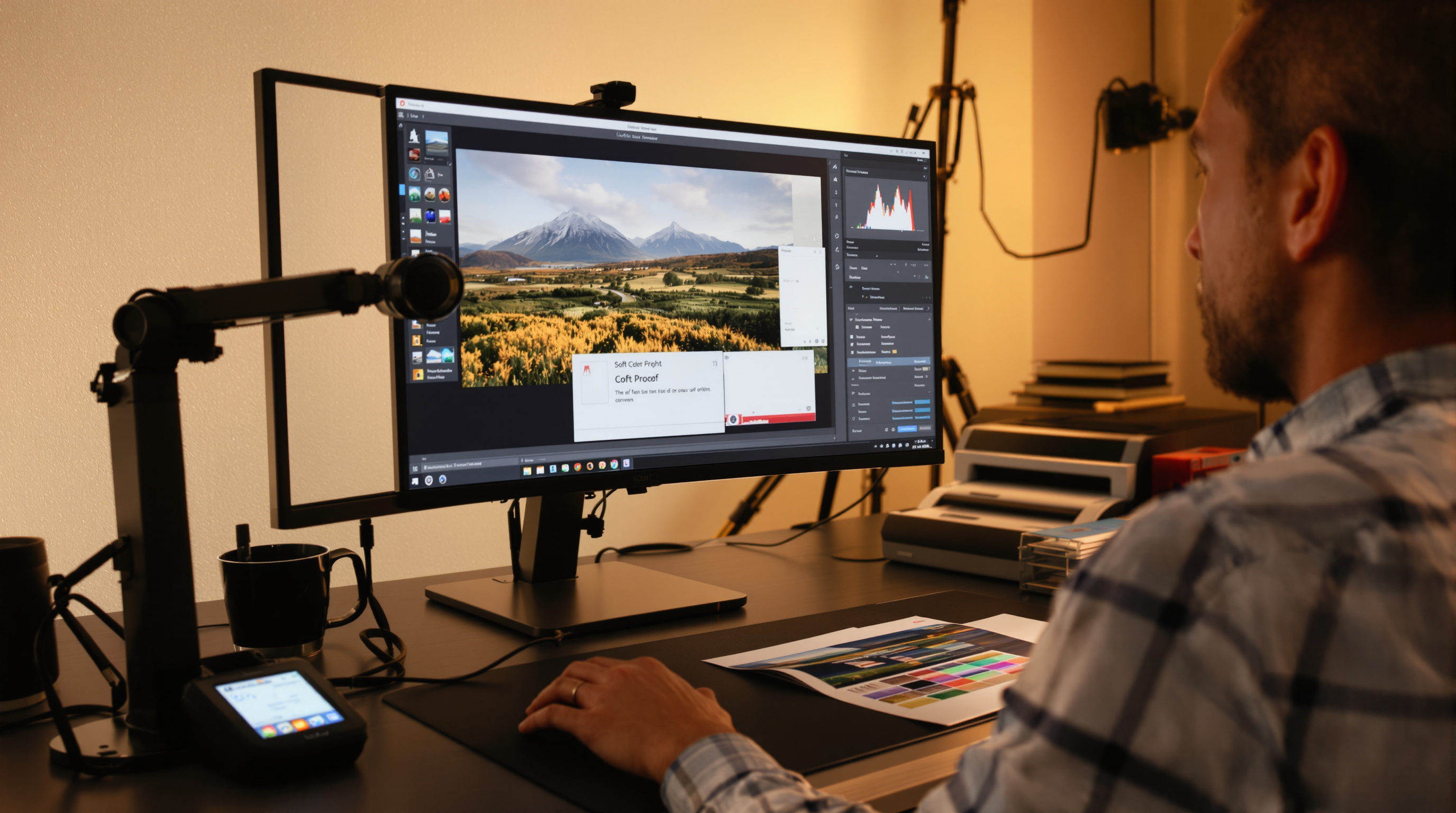 Photographer at dual-monitor workstation editing landscape photo in Adobe Lightroom with colorimeter, color swatches, and inkjet printer