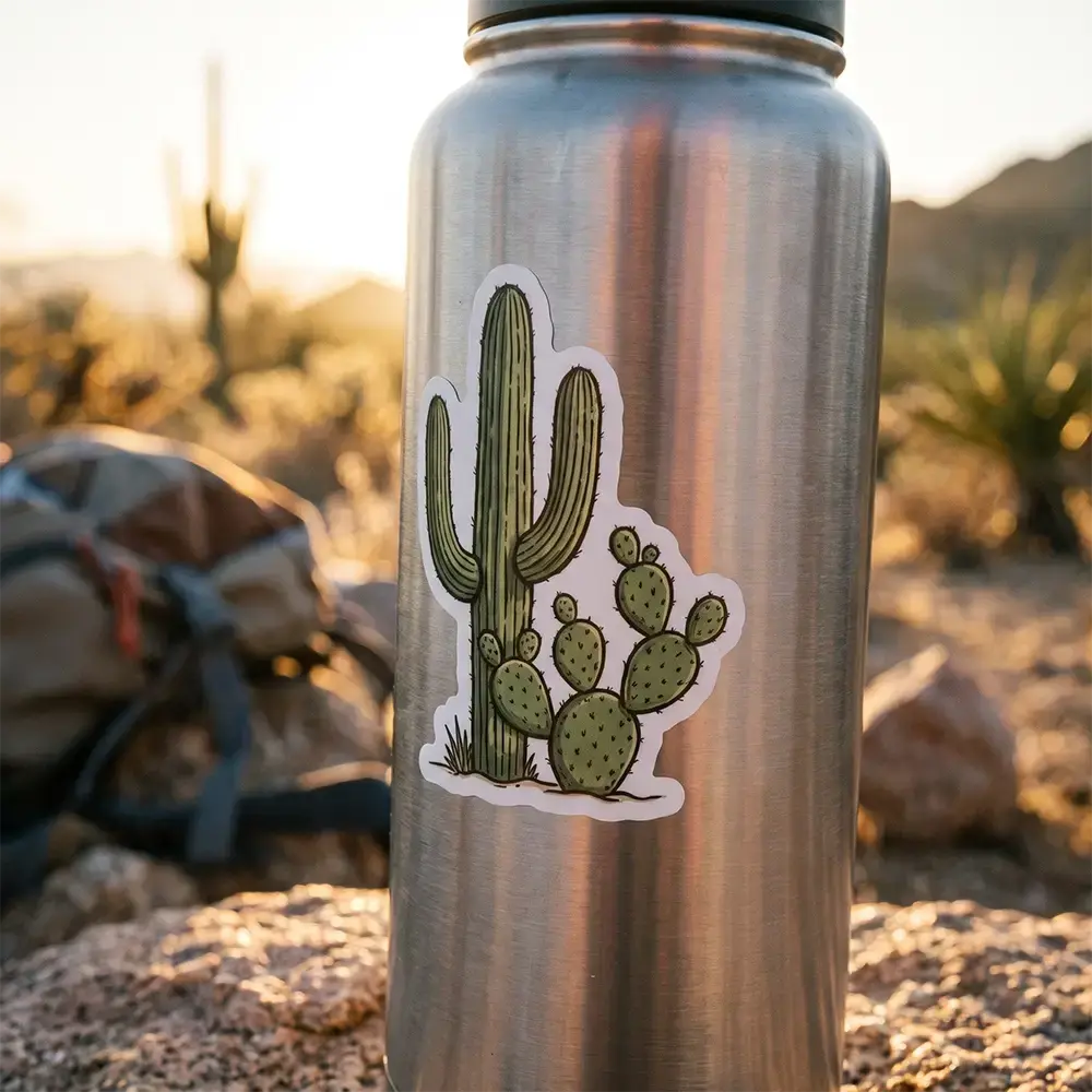 Cactus die cut vinyl sticker on a water bottle