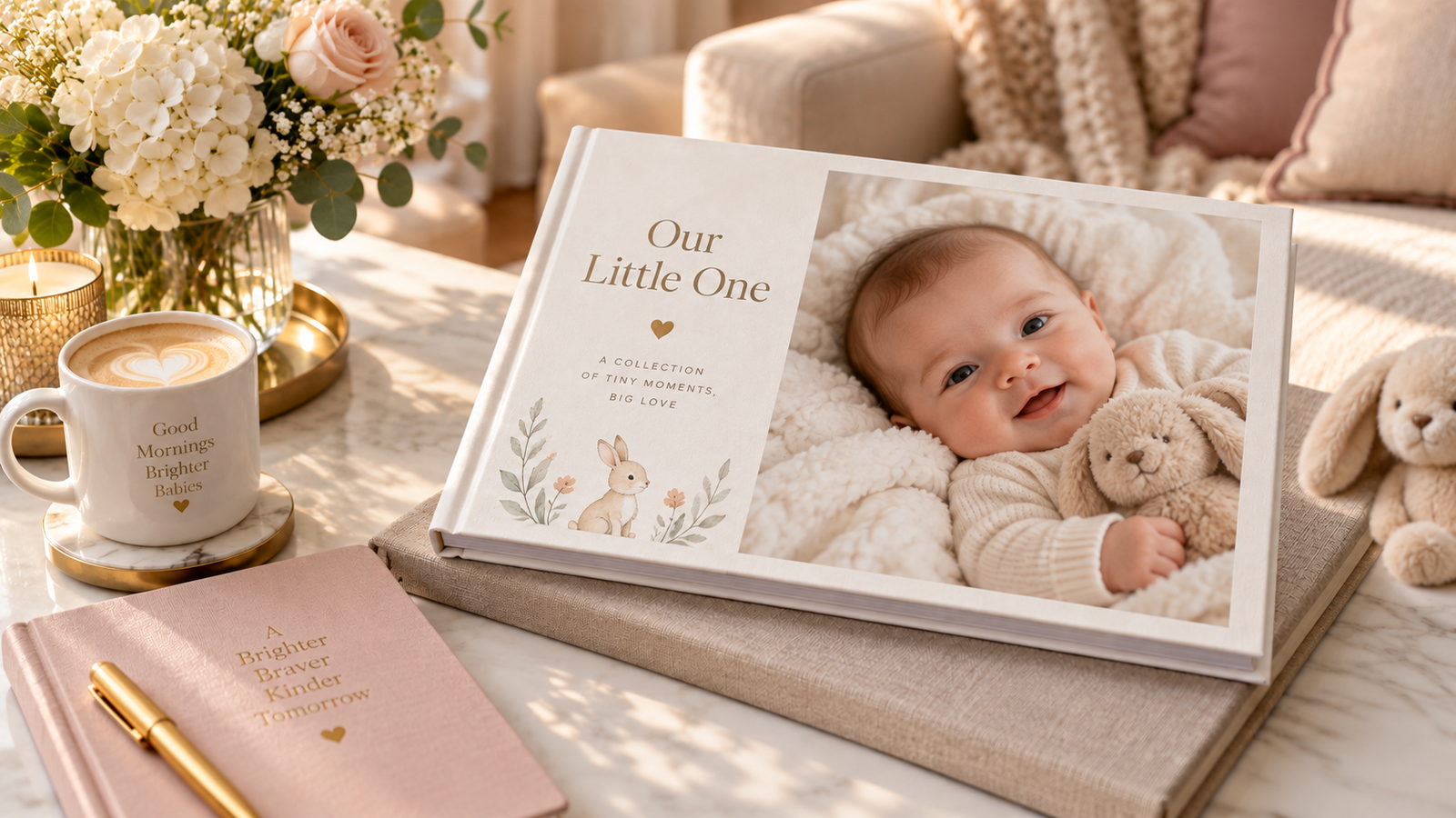 A Nostalo layflat baby photo book held open