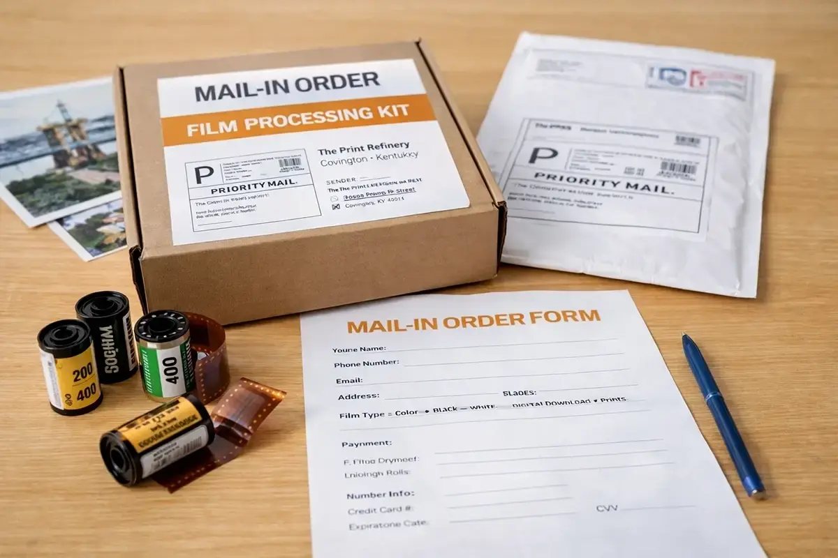 Old photographs, film strips, and a monitor displaying a restored image in a clean archival workspace