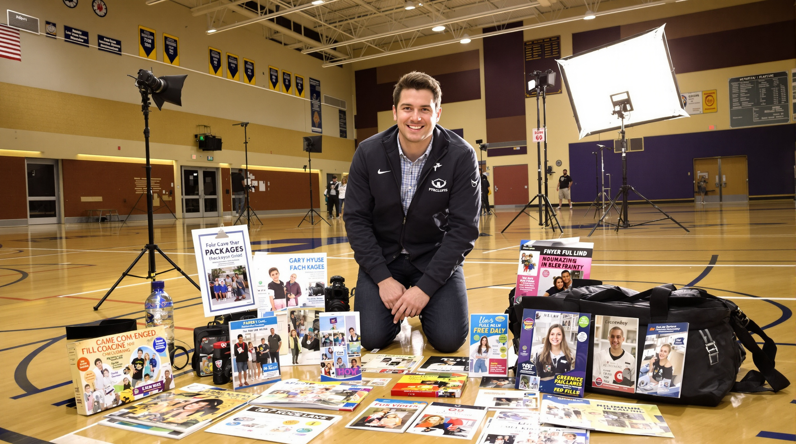 Photographer kneeling at eye level with young student in school gymnasium surrounded by photo package brochures and camera bag