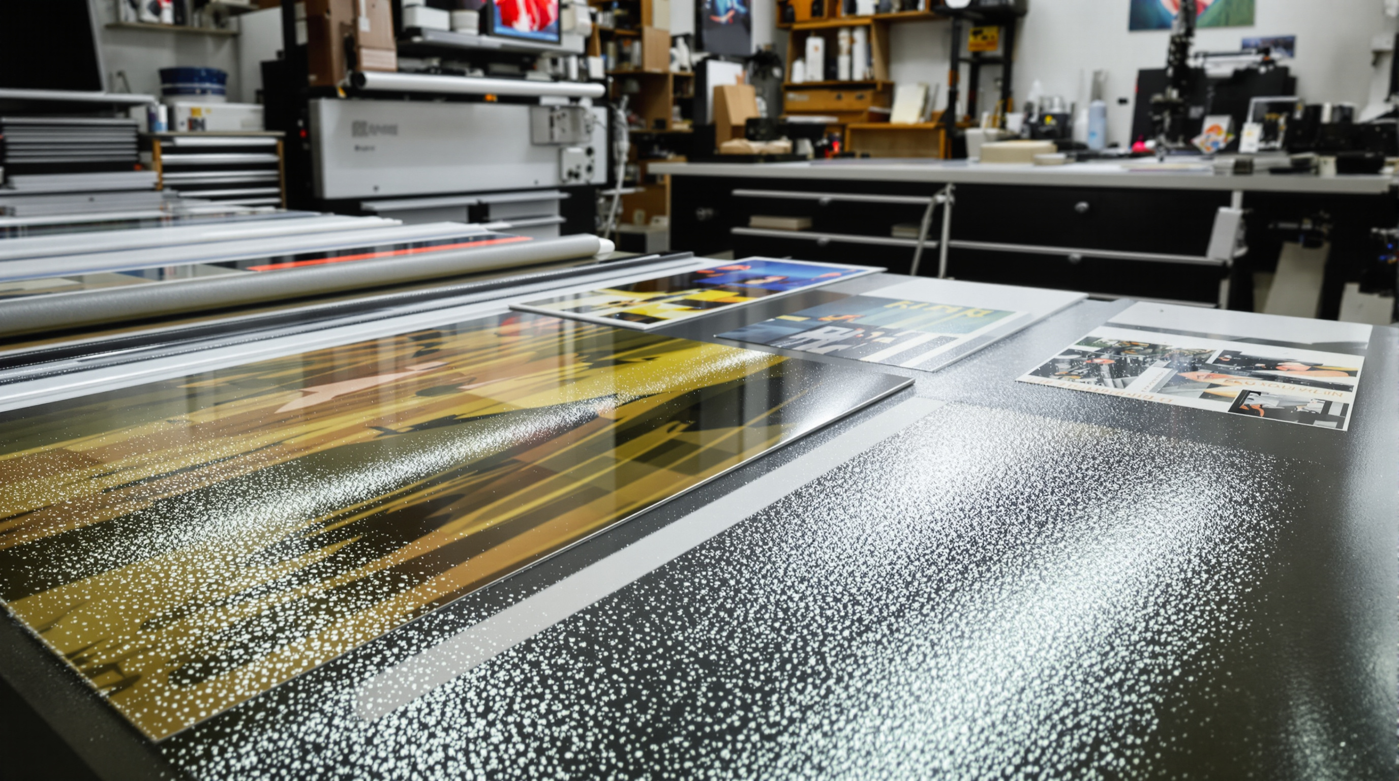 Professional photography studio with various print samples displayed showing different textures and finishes including glossy, matte, and canvas prints. Close-up details visible of paper textures, color depth, and print clarity under soft, even lighting. M