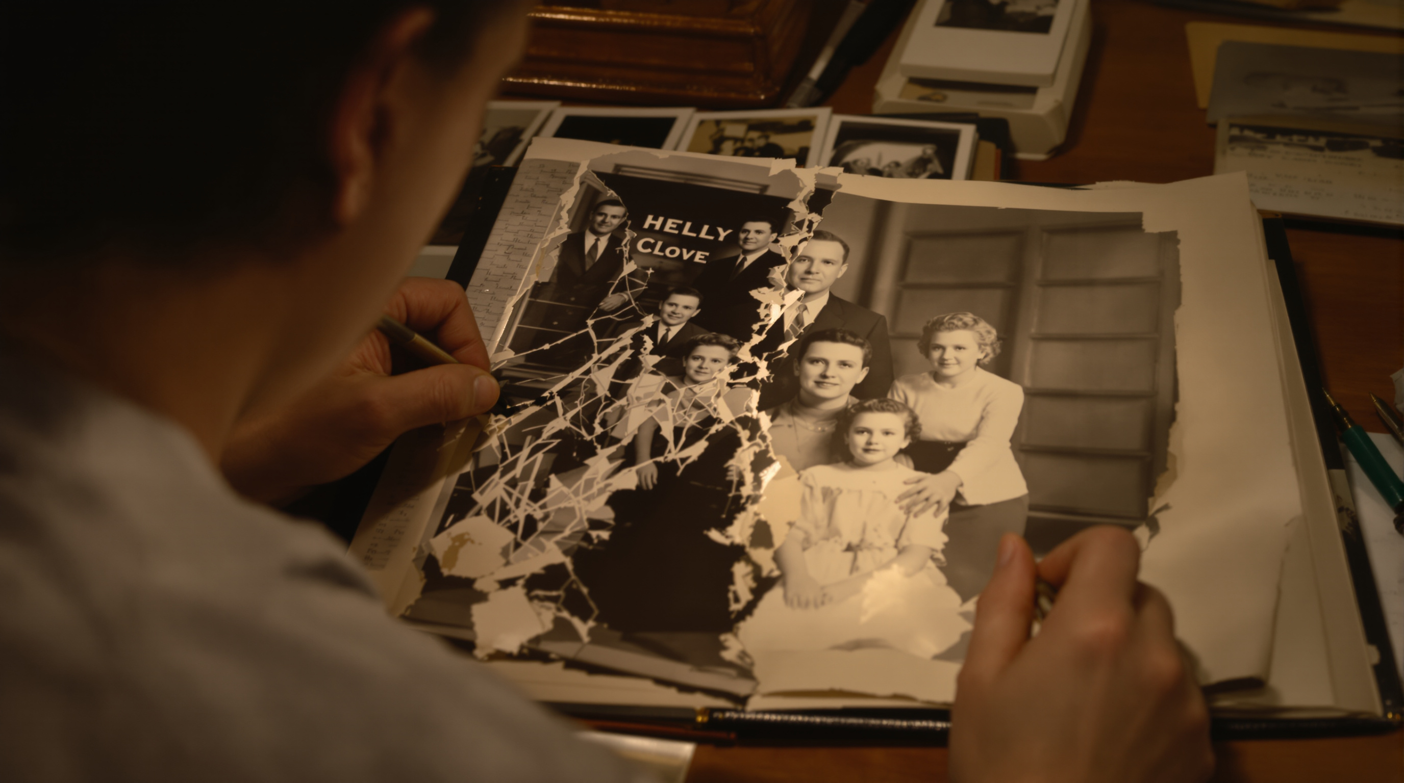 A professional photo restorer carefully working on a damaged black and white family portrait from the 1940s, with half the photograph showing faded, torn condition and the other half beautifully restored to show multiple generations. Warm lighting creates 