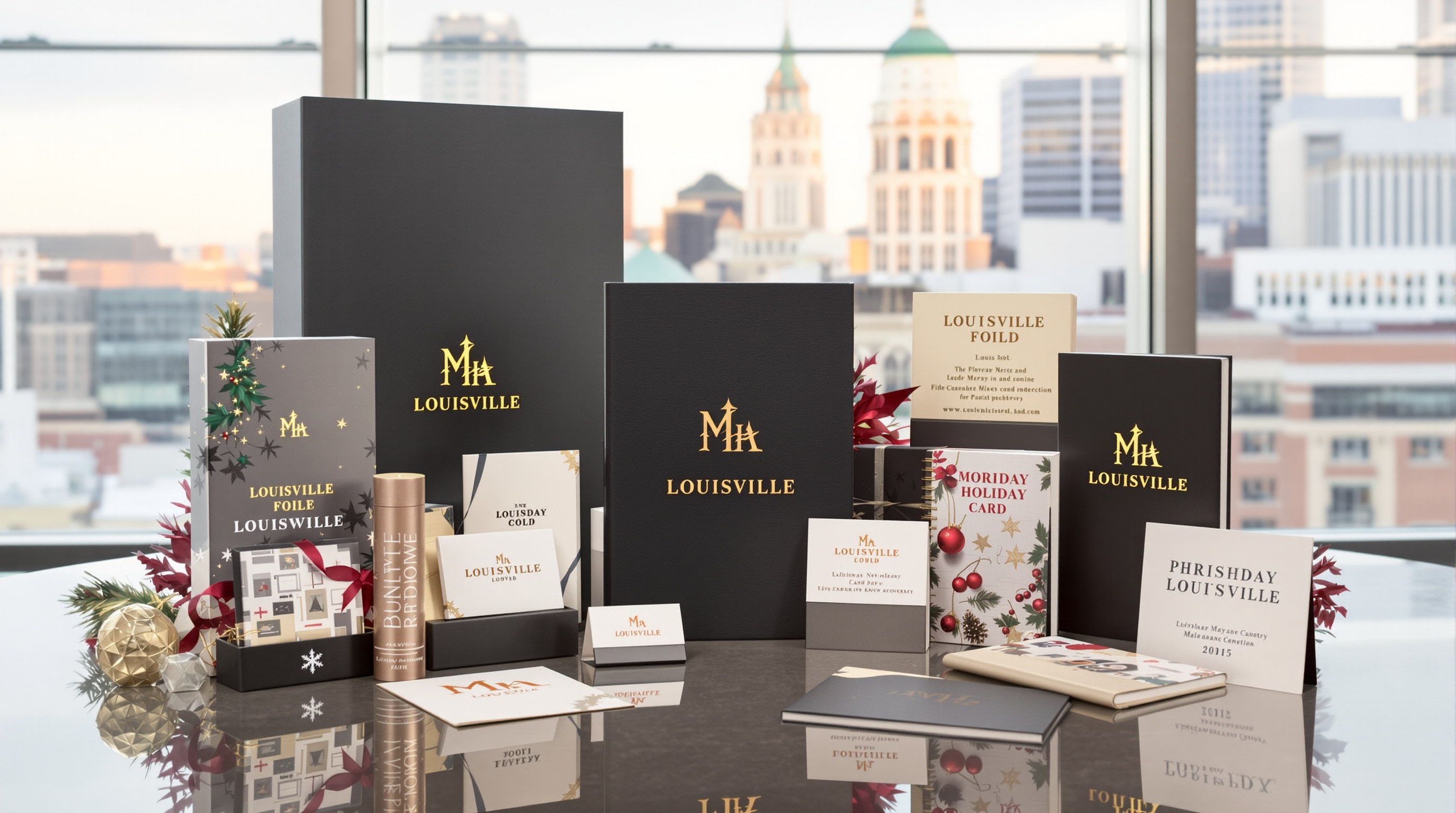 Professional photograph of elegant branded holiday gift items arranged on a polished desk with subtle festive decorations. Featured prominently are custom-printed gift boxes with gold foil logos, high-quality corporate branded notebooks, and tasteful holid