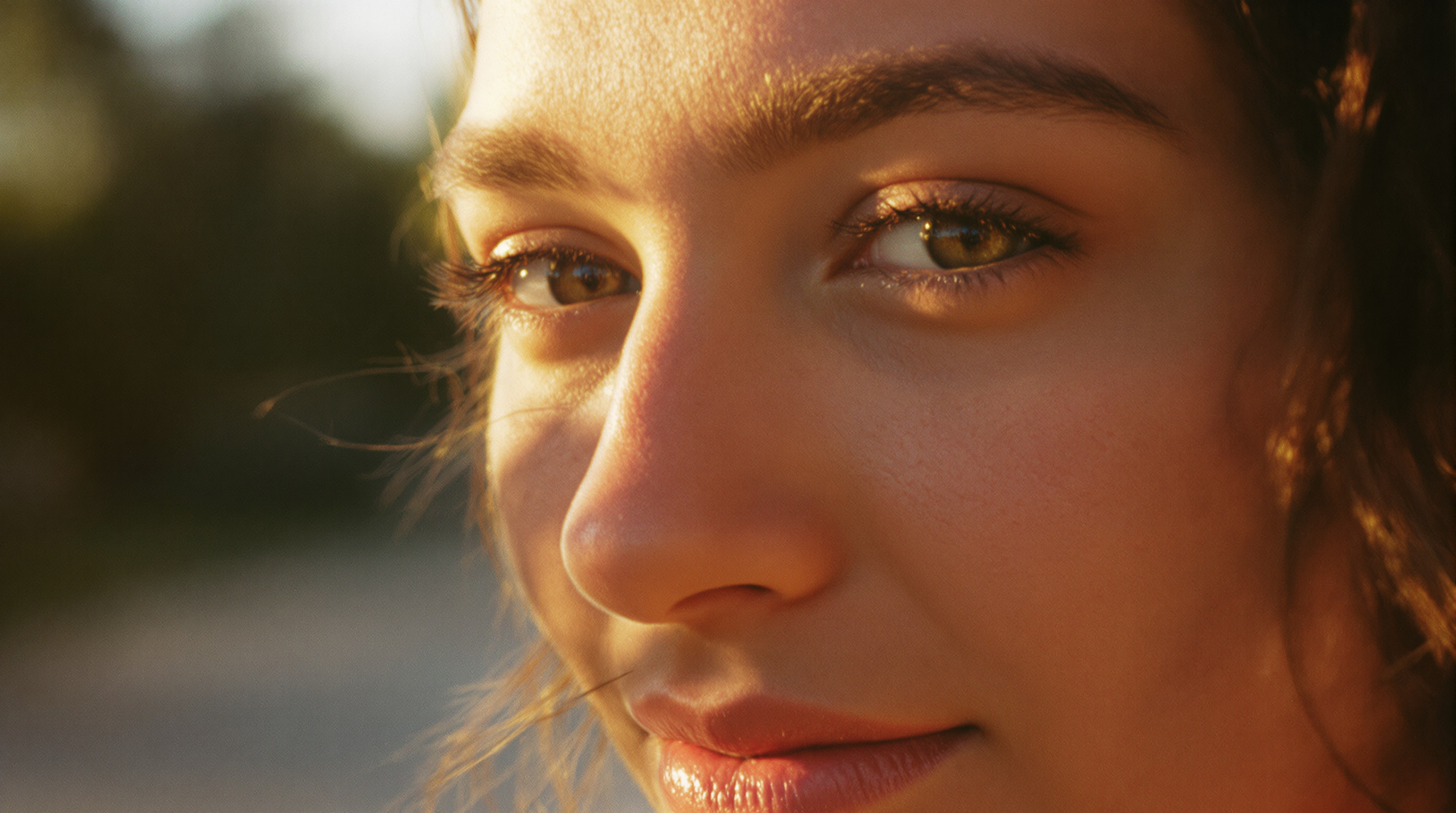 Close-up portrait of a person outdoors in Louisville, Kentucky during golden hour on 35mm film