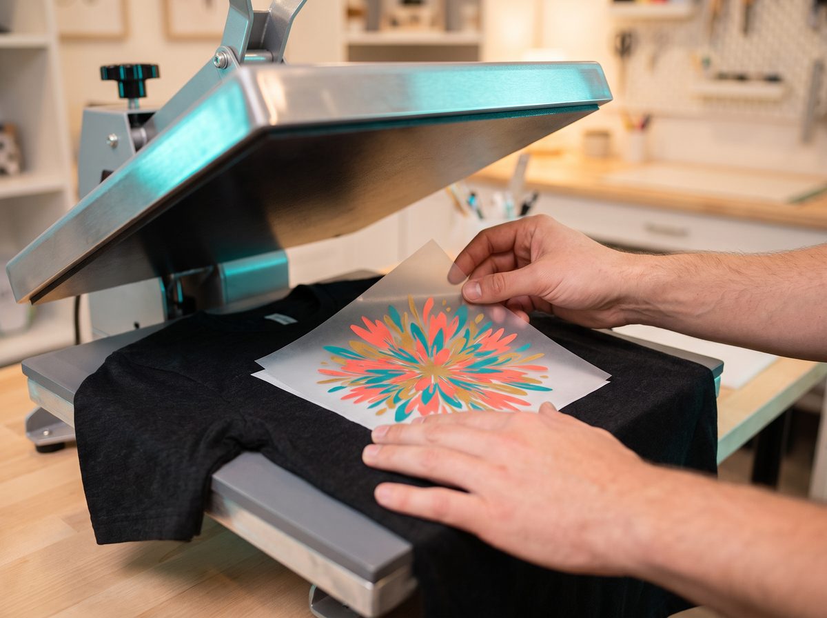 A single DTF transfer being positioned on a black t-shirt on a heat press