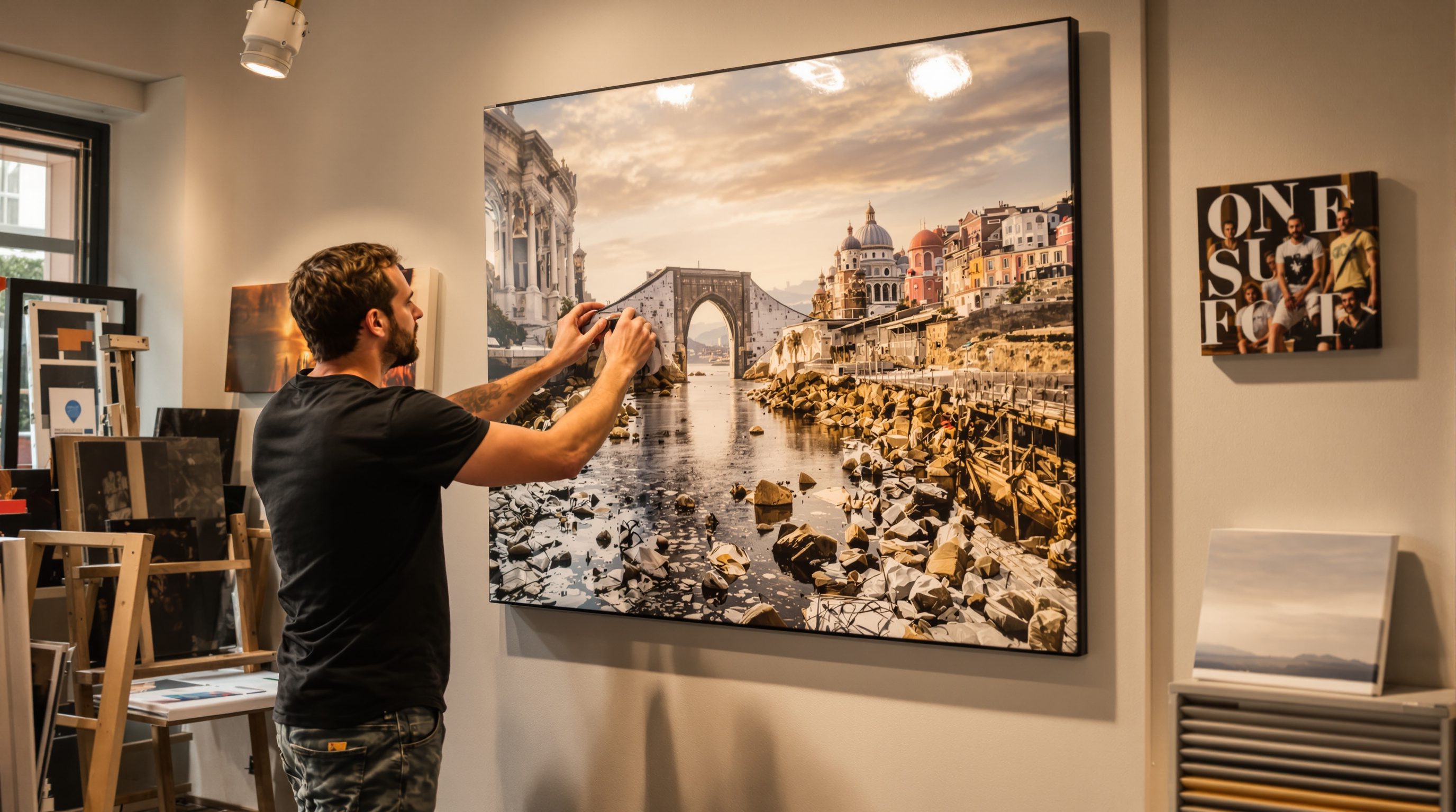 Photographer examining fine art print on studio wall with canvas, metal, and fine art paper prints displayed nearby