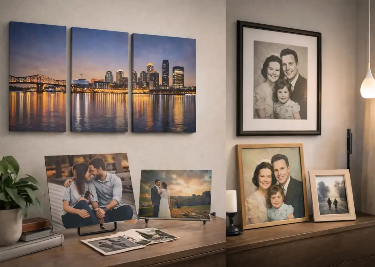 Interior display showing framed photo art, canvas, and modern wall décor pieces in a refined home or studio setting.