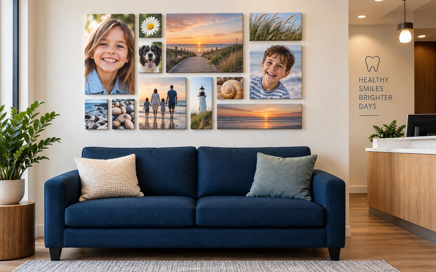 Collagewall photo display installed in a bright professional office waiting area