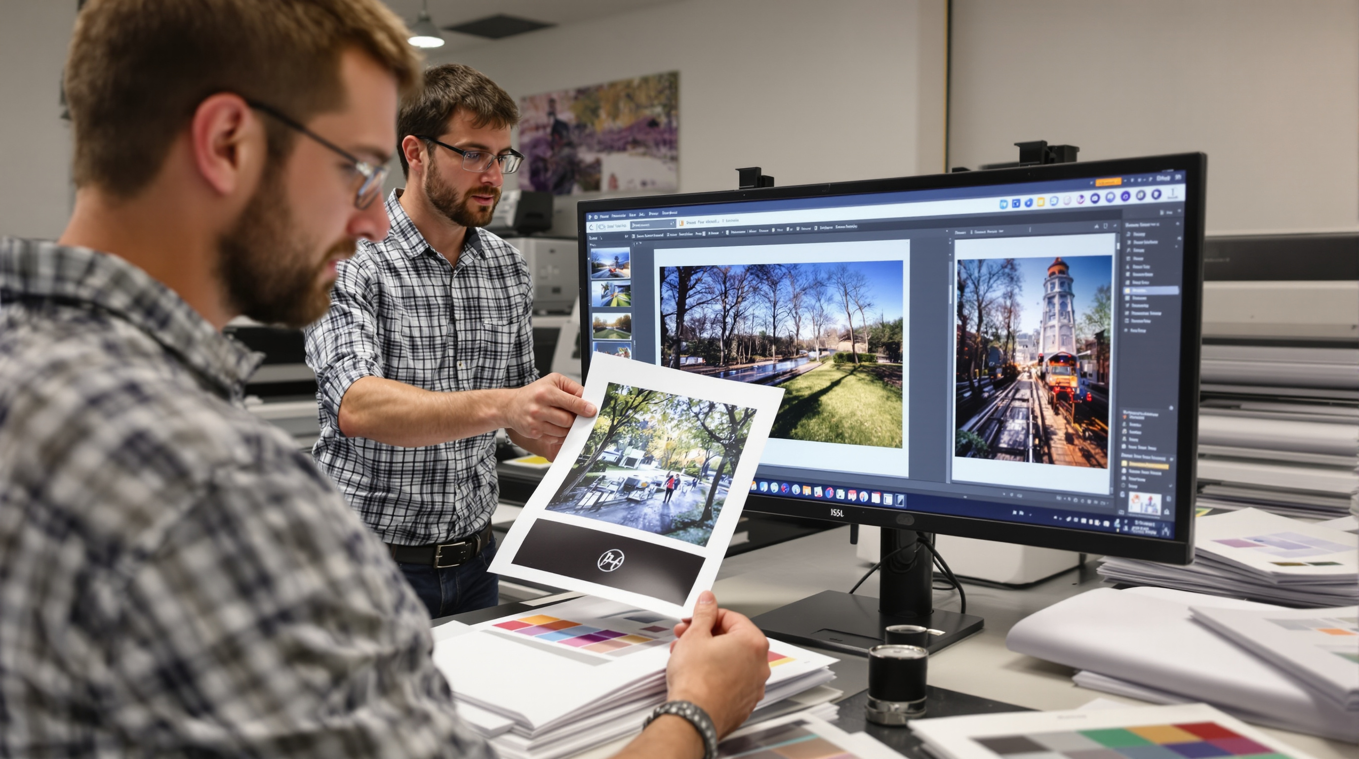 Professional photographer examining a test print sample under calibrated lighting conditions, comparing it to a digital proof on a color-calibrated monitor in a print studio environment with various paper samples and a large format printer visible in the b