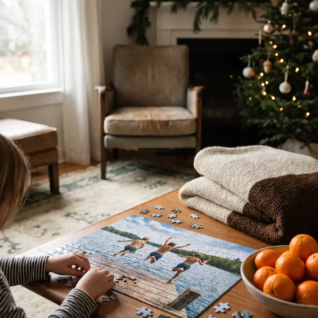 Photo jigsaw puzzle on a living room table