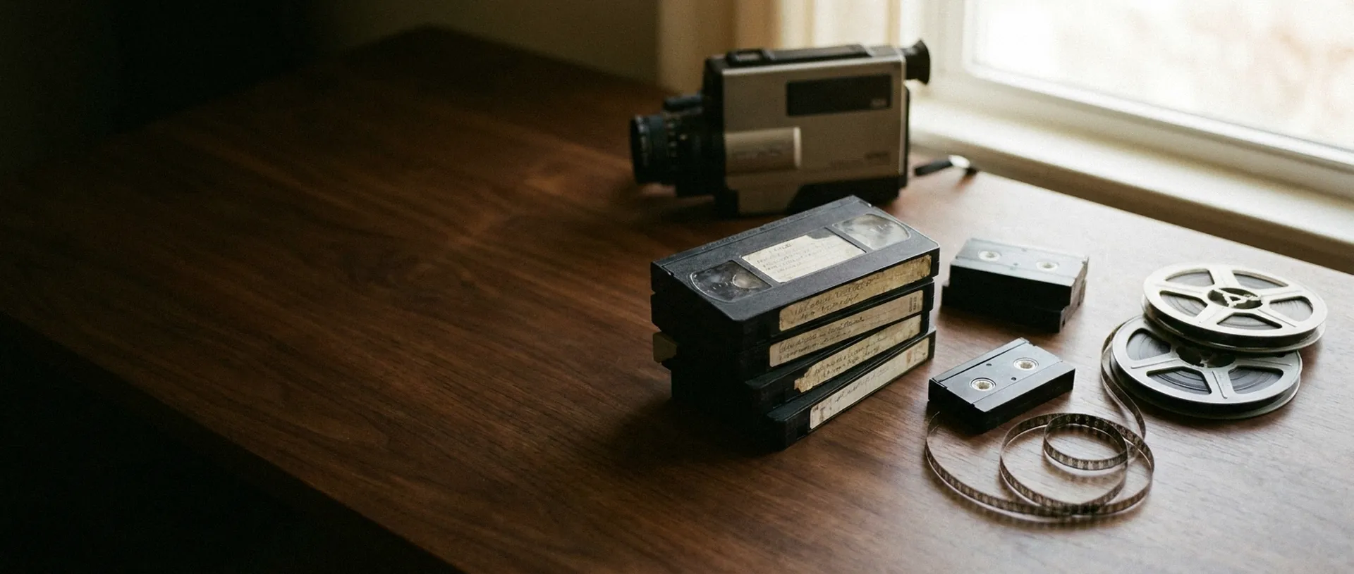VHS tapes and small camcorder tapes stacked on a walnut table next to reels of home movie film.