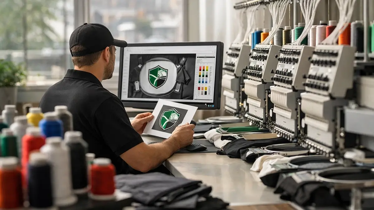 Embroidery technician reviewing a logo proof on a computer with thread spools nearby, showing the start of a custom embroidery order