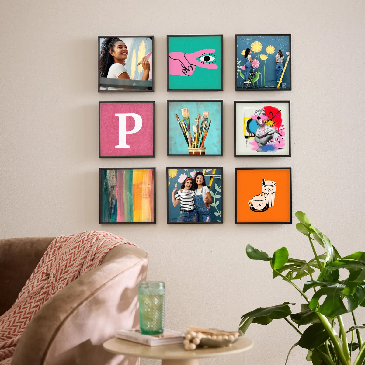 A wall of TilePix photo tiles above a sofa