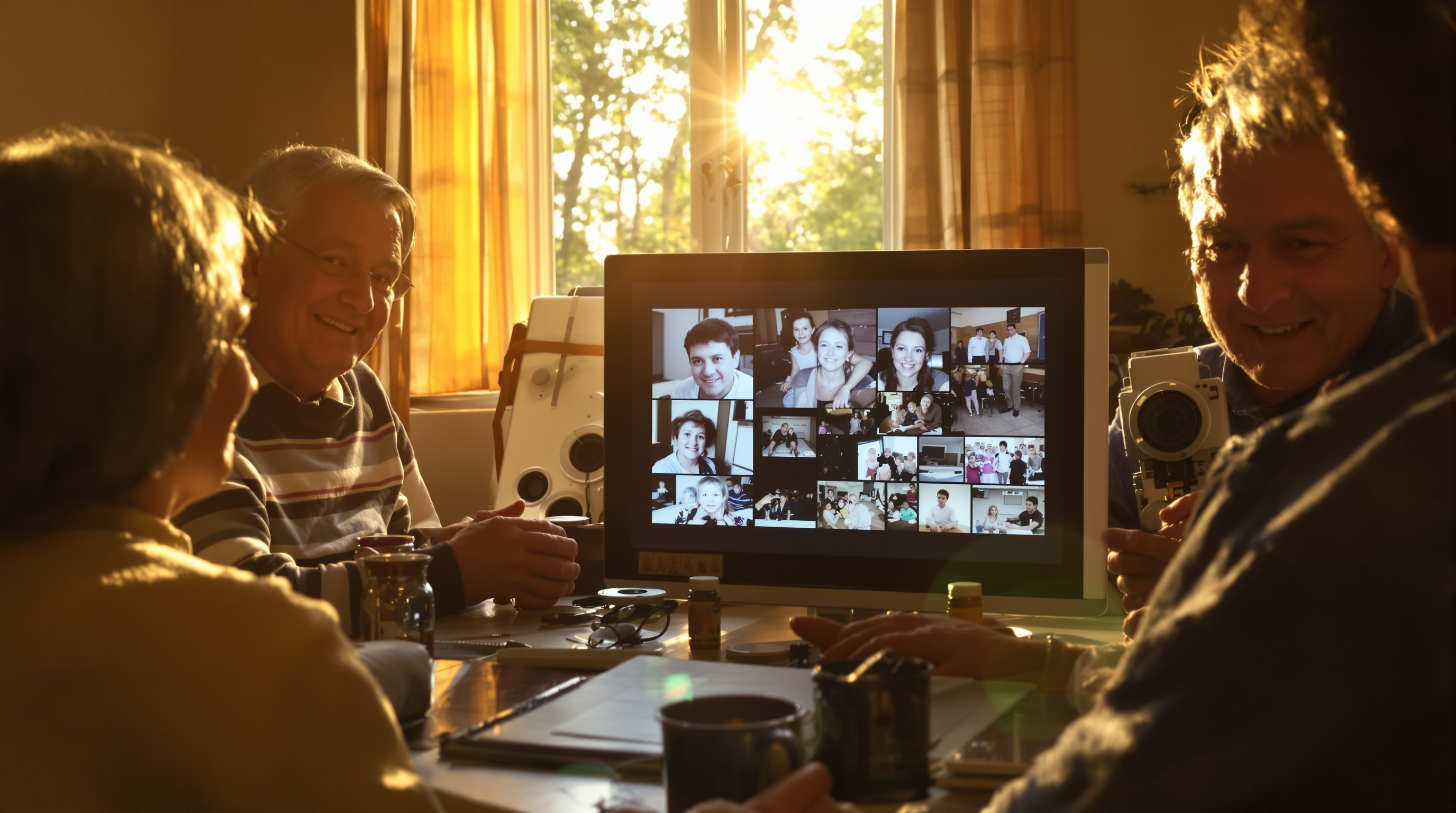 A warm, nostalgic scene showing three generations of a family gathered around a digital display showing old family photographs and videos being converted from physical albums and film reels. Golden afternoon light streams through the window, illuminating f