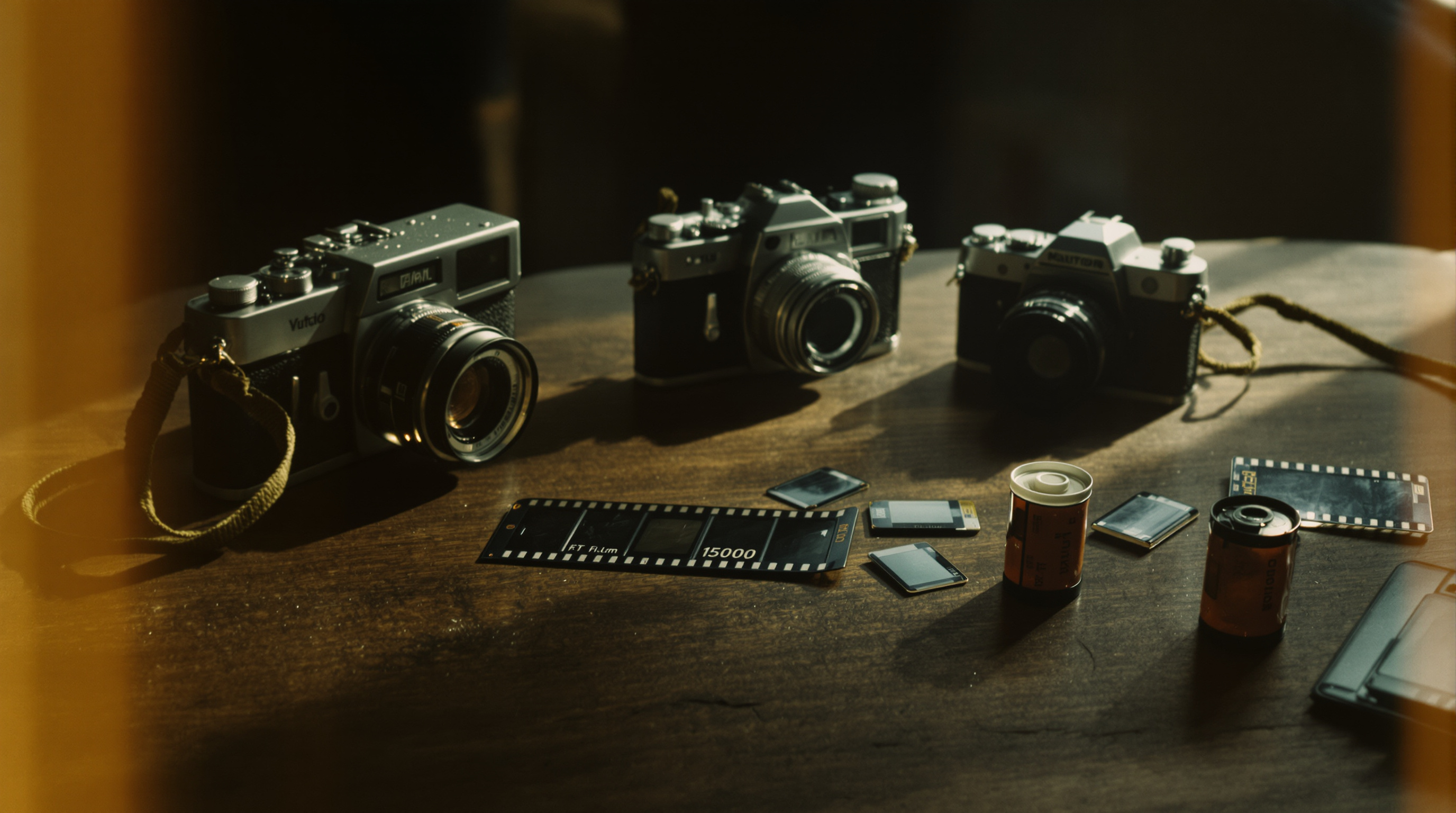 A moody, atmospheric still life photograph of vintage cameras and aging film strips displayed on a weathered wooden table, with soft window light creating gentle shadows. The image has faded colors with warm yellow tints, visible film grain, and subtle ton