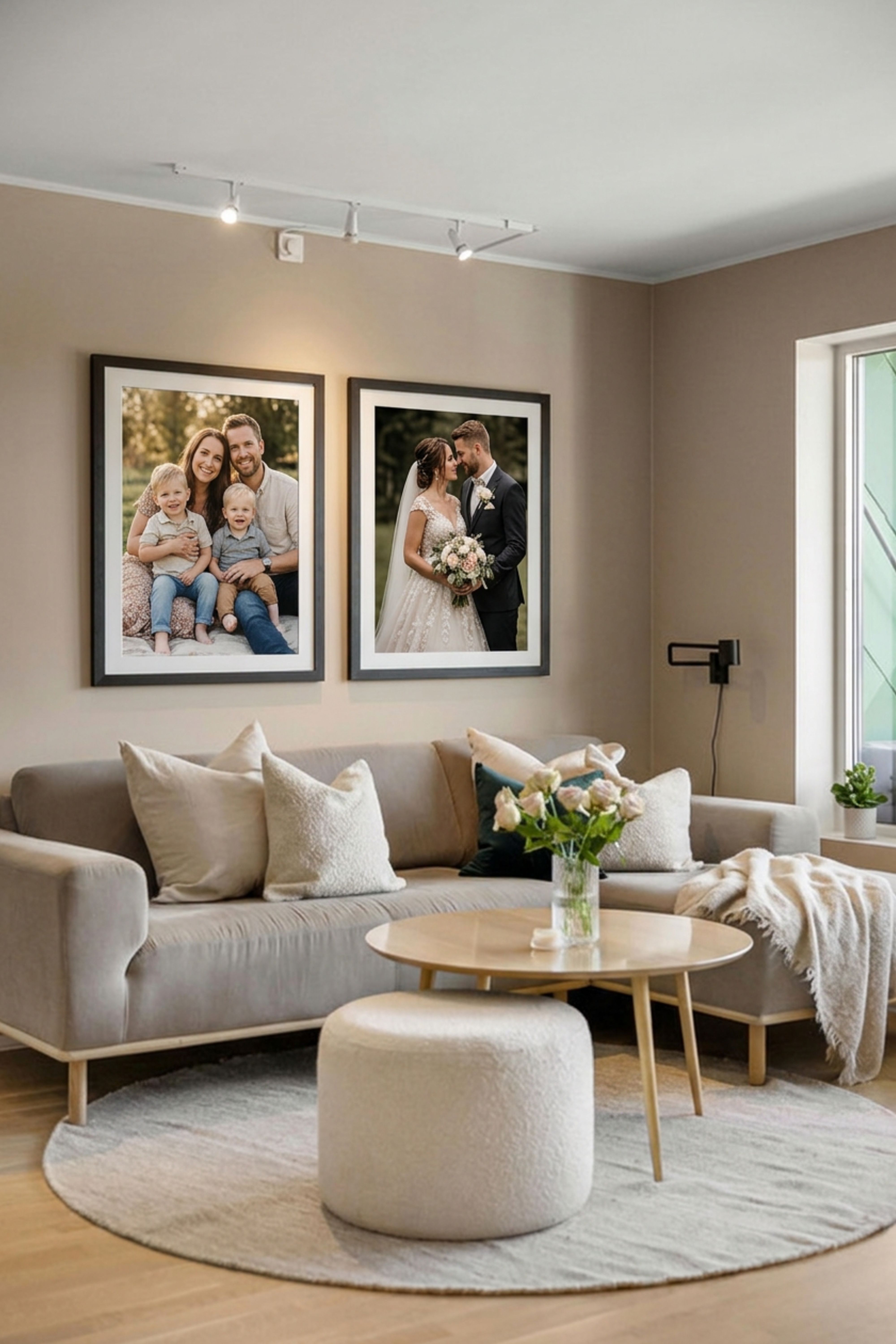A large canvas family portrait on a living room wall