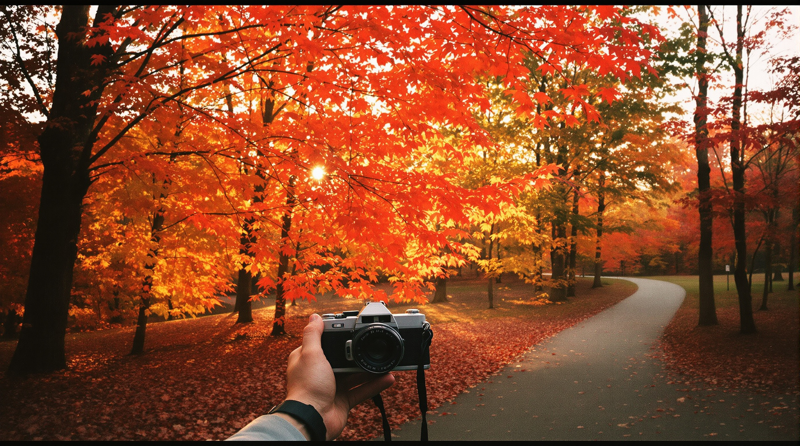 Film photographer with vintage 35mm camera on autumn leaf-covered park path in Louisville, Kentucky
