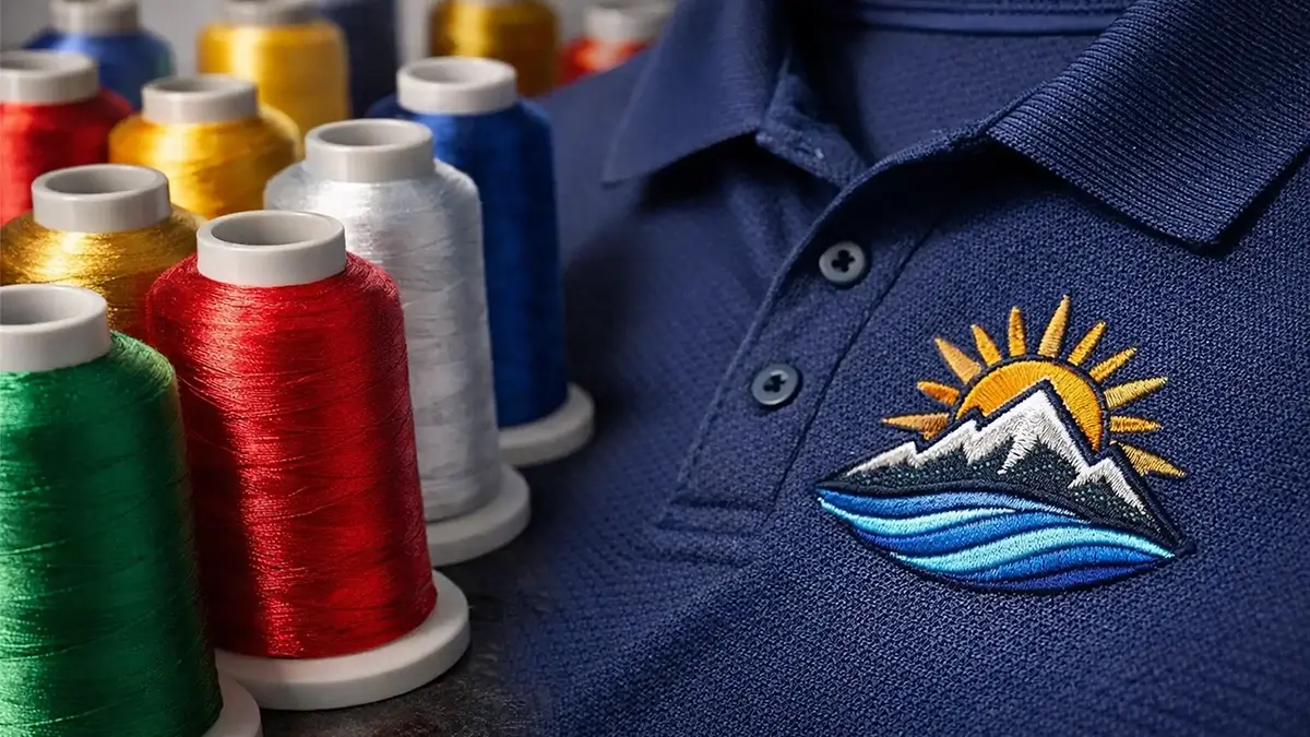 Close-up of embroidery thread cones and a stitched logo sample, showing thread sheen and stitch detail for color matching