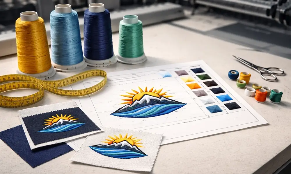 Embroidery proof sheet and stitched sample swatches on a work table, showing approval-ready placement and thread color references