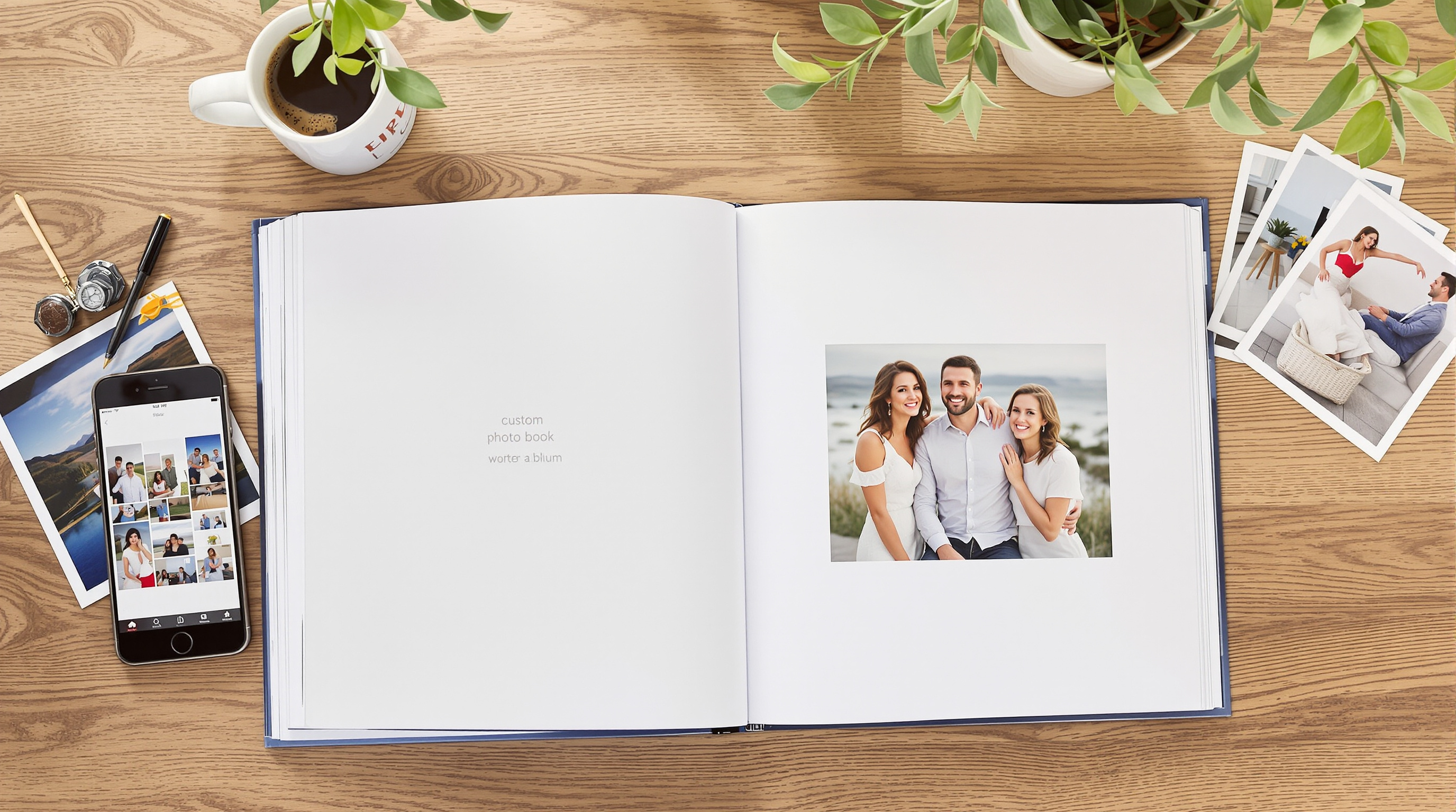A flat lay photograph of a beautifully designed custom photo book open on a wooden table, surrounded by a smartphone displaying a digital photo album, printed photos, and a cup of coffee. Warm natural light, lifestyle photography style.