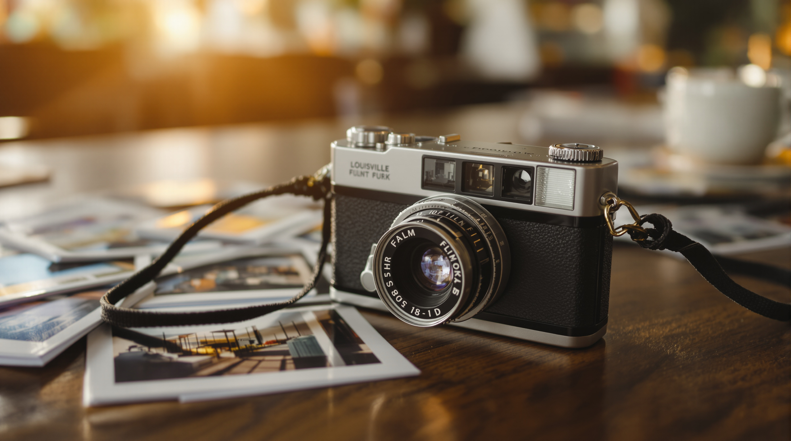 Vintage point and shoot film camera on wooden surface surrounded by developed film photos in Louisville coffee shop