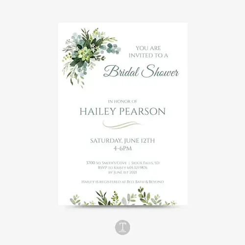 5x7 bridal shower invite with eucalyptus floral design