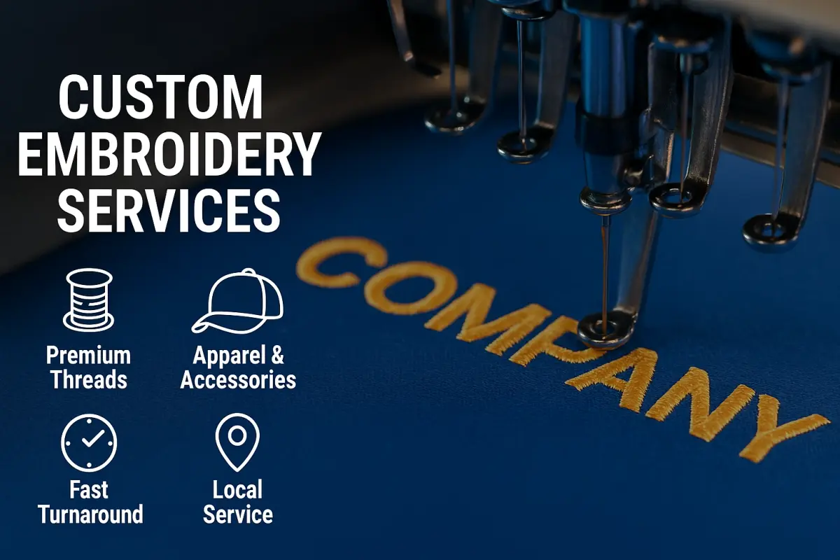 Close-up of an embroidery machine stitching the word “Company” in golden thread on blue fabric, with icons highlighting premium threads, apparel and accessories, fast turnaround, and local service for custom embroidery.