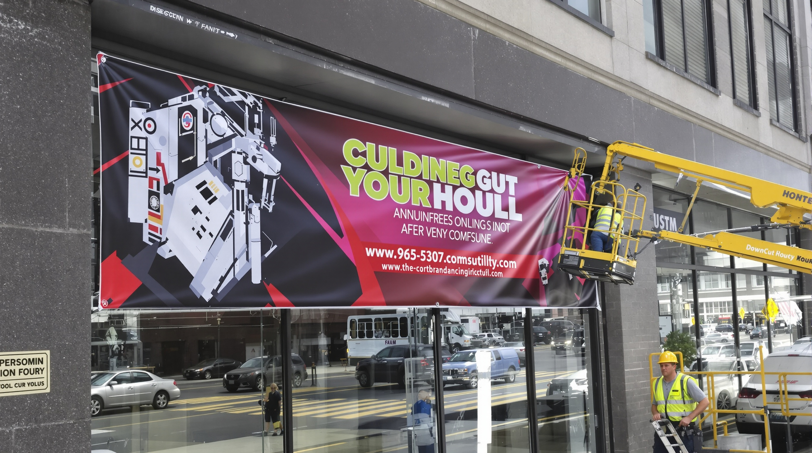 A professional large format vinyl banner being installed on a modern storefront in downtown Louisville, Kentucky, featuring bold custom graphics and vibrant colors, bright daylight, commercial photography style