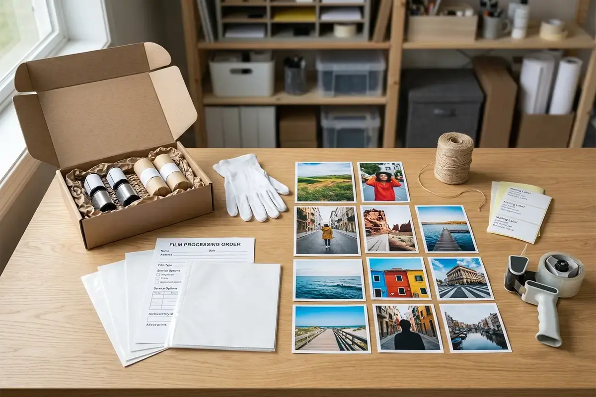 Clean mail-in film and print service kit with film rolls order materials and protective packaging on a tabletop