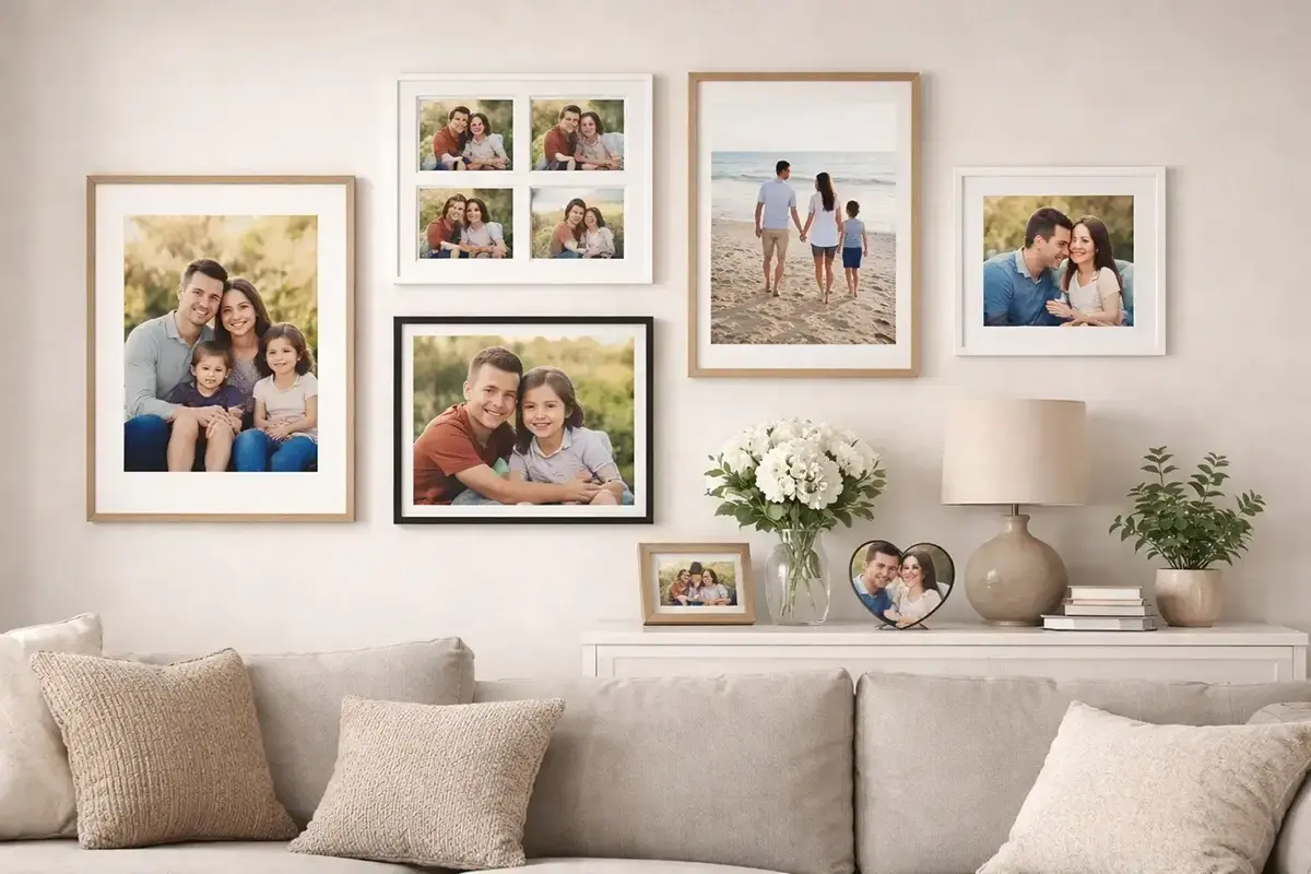 Framed wall art canvas-style photo displays and enlarged family prints arranged in a clean modern home-inspired setting