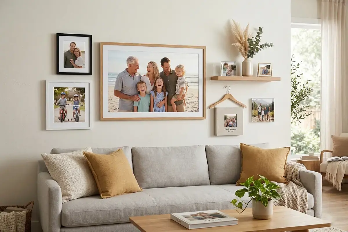 Framed wall art canvas-style photo displays and enlarged family prints arranged in a clean modern home-inspired setting