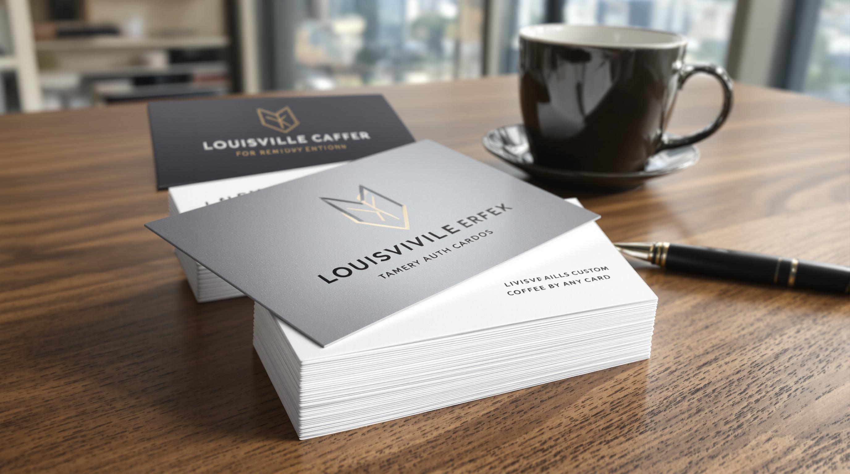 A close-up, top-down photographic shot of a stack of premium custom business cards with clean, modern typography on thick matte and glossy paper stock, arranged elegantly on a wooden desk with a coffee cup and pen nearby, natural window light, Louisville s