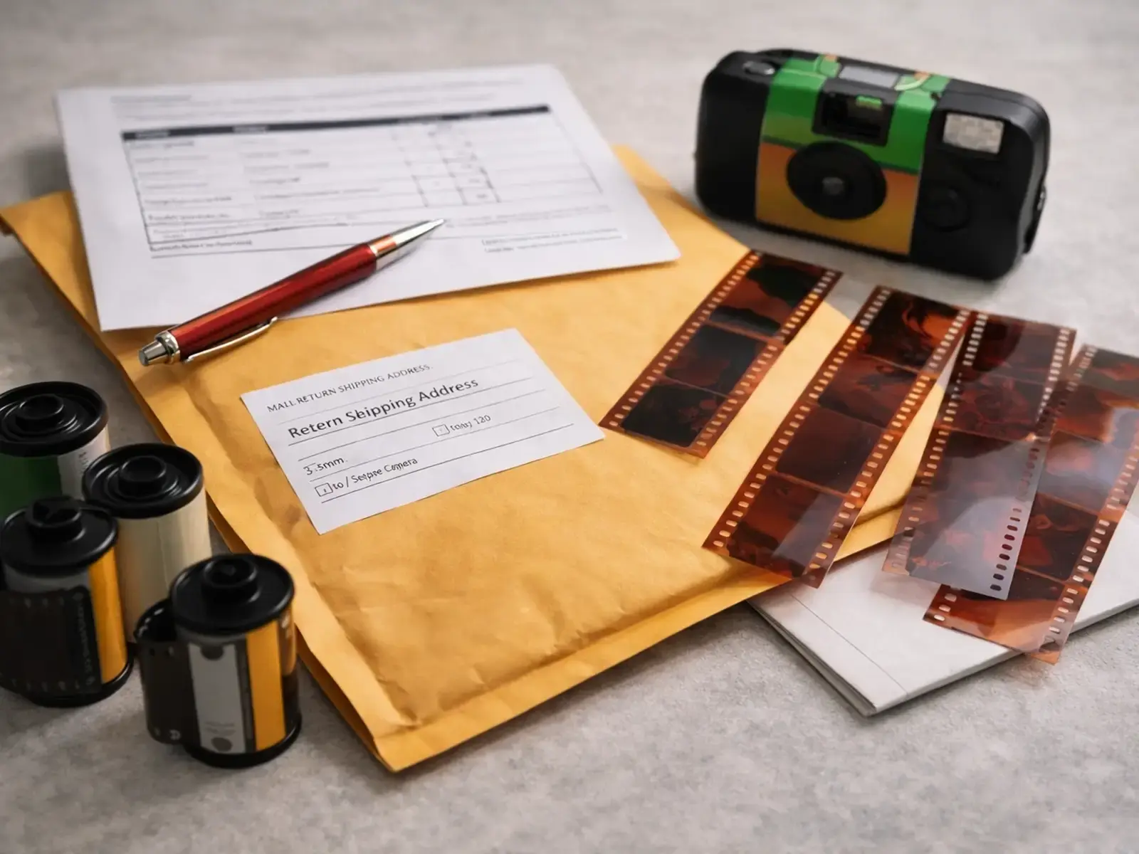 Hero image showing film rolls, a disposable camera, negatives, padded mailer, and simple order materials for Lexington mail-in service.