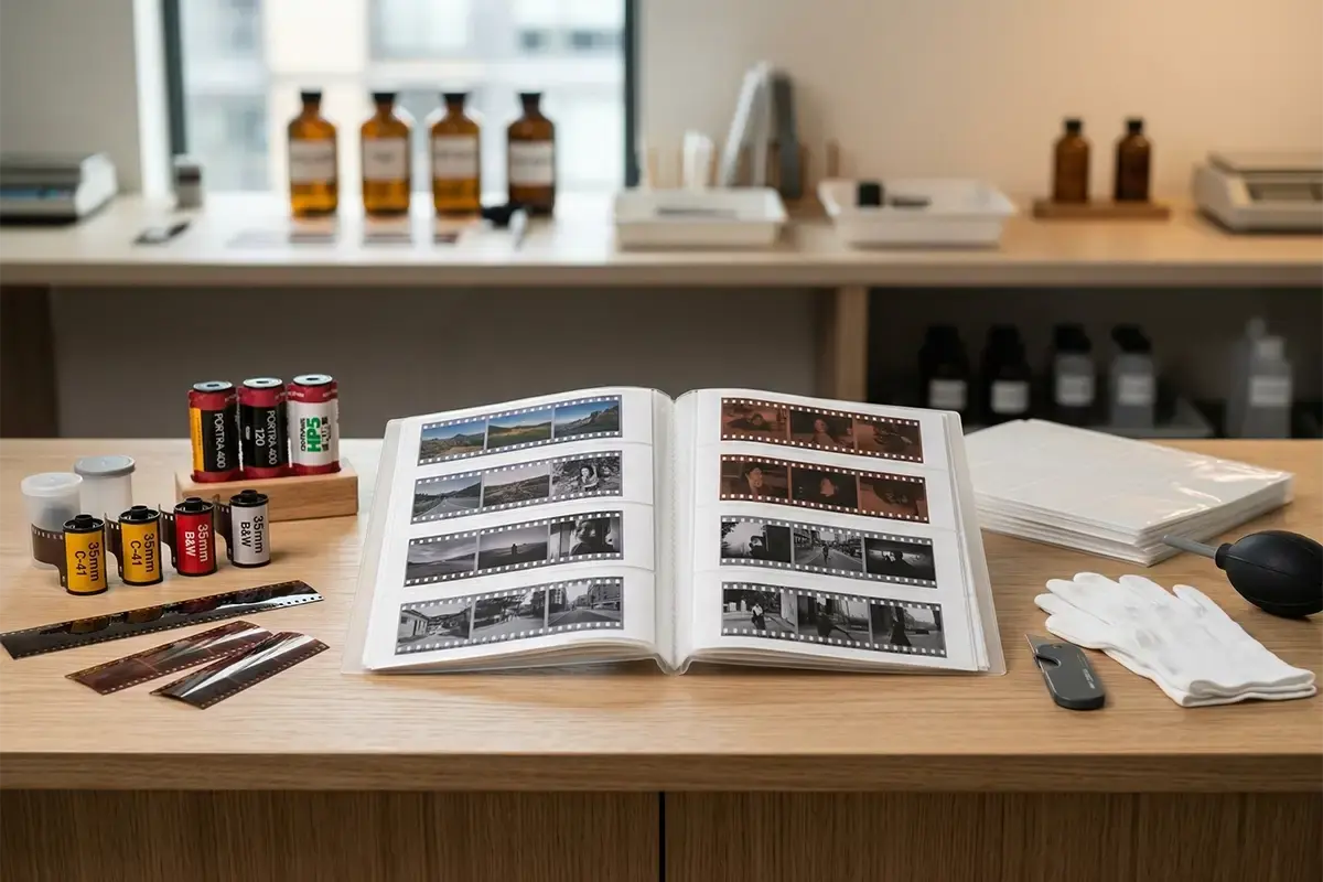 Film developing counter with 35mm film canisters, negatives, archival sleeves, and a clean professional lab workspace