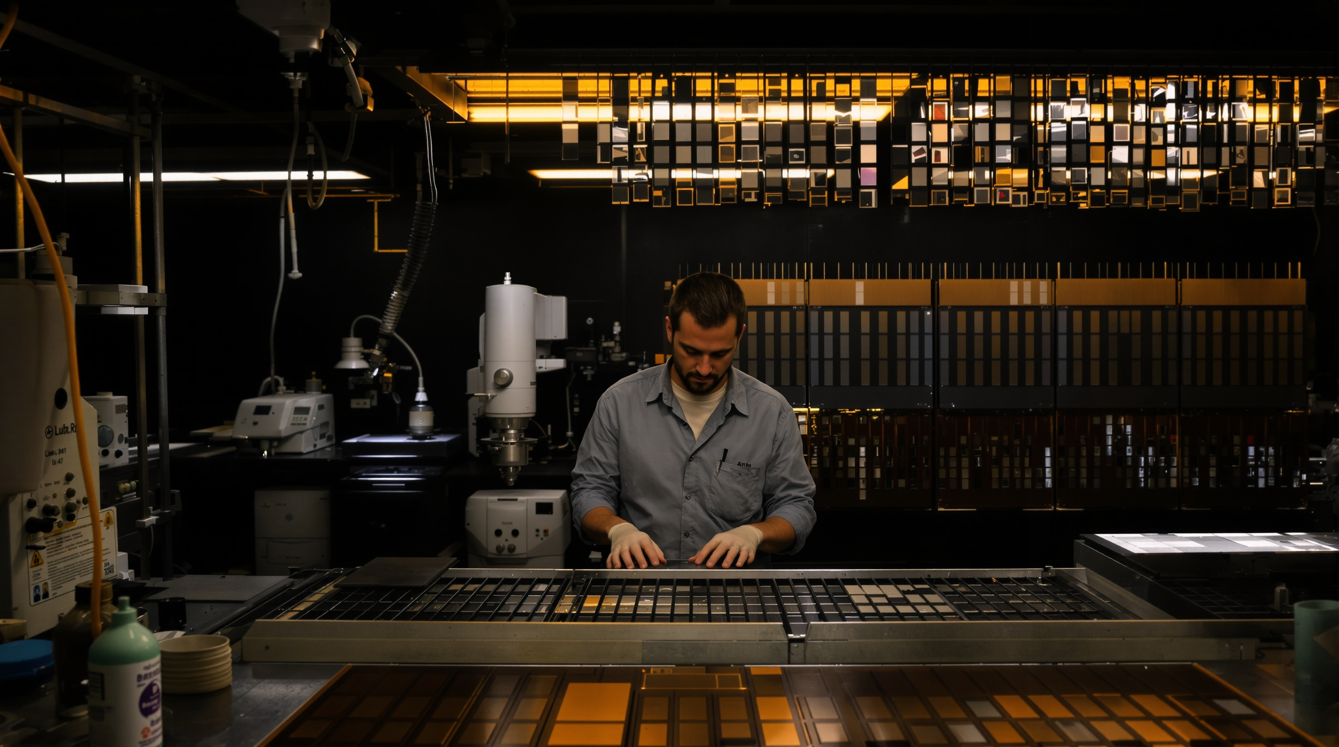 A professional film lab technician in Louisville carefully handling developed film negatives in a darkroom with amber safety lights, surrounded by C-41 processing equipment, film scanners, and drying cabinets with strips of color and black-and-white negati
