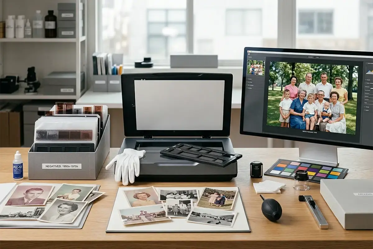Old photographs film strips and a monitor displaying a restored image in a clean archival workspace