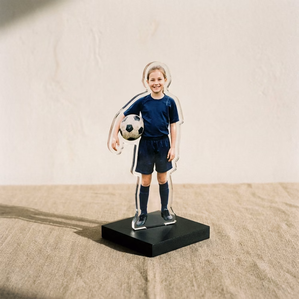 Cut-out acrylic photo statue of a girl in a soccer uniform