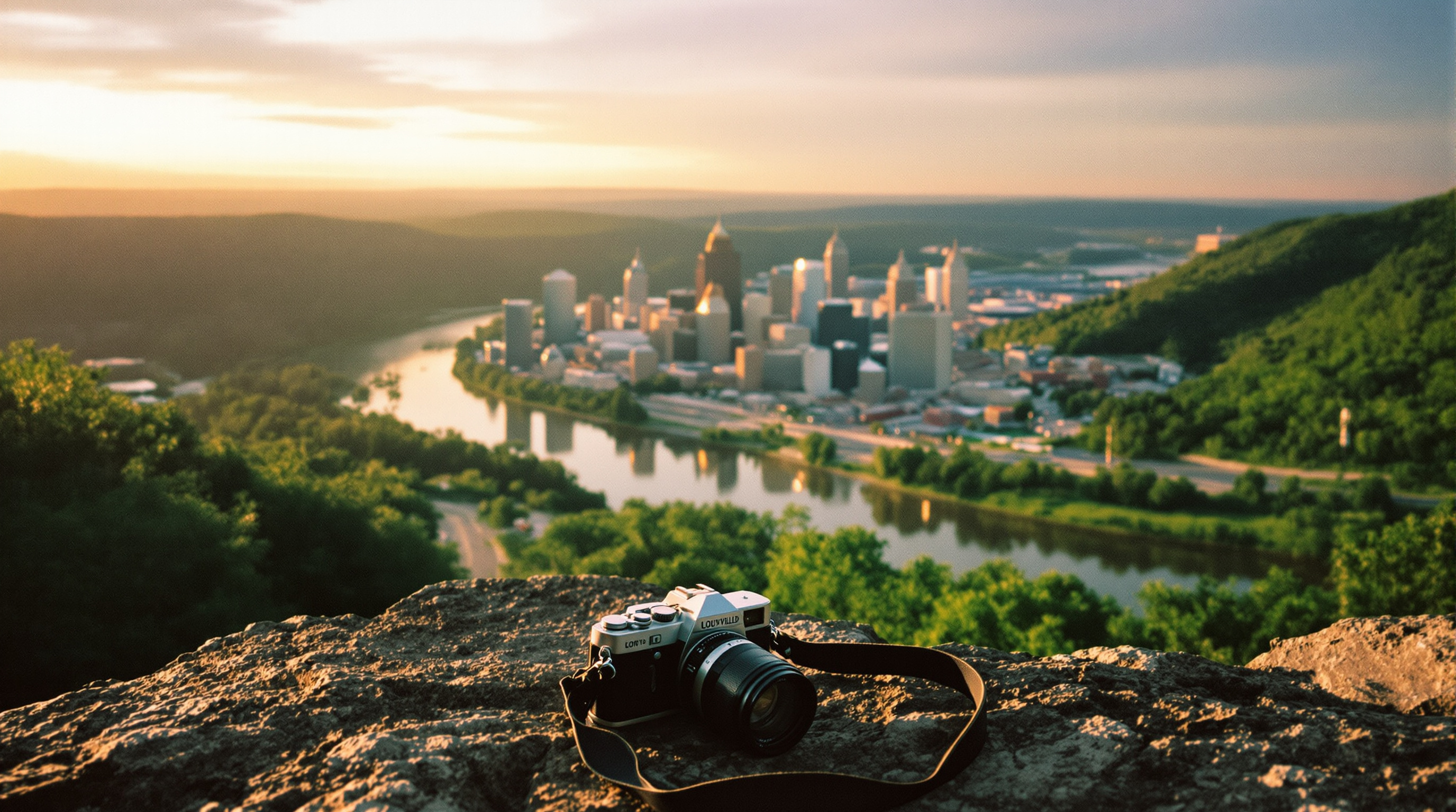Louisville Kentucky skyline at golden hour reflected on the Ohio River with green rolling hills and vintage 35mm film camera in foreground
